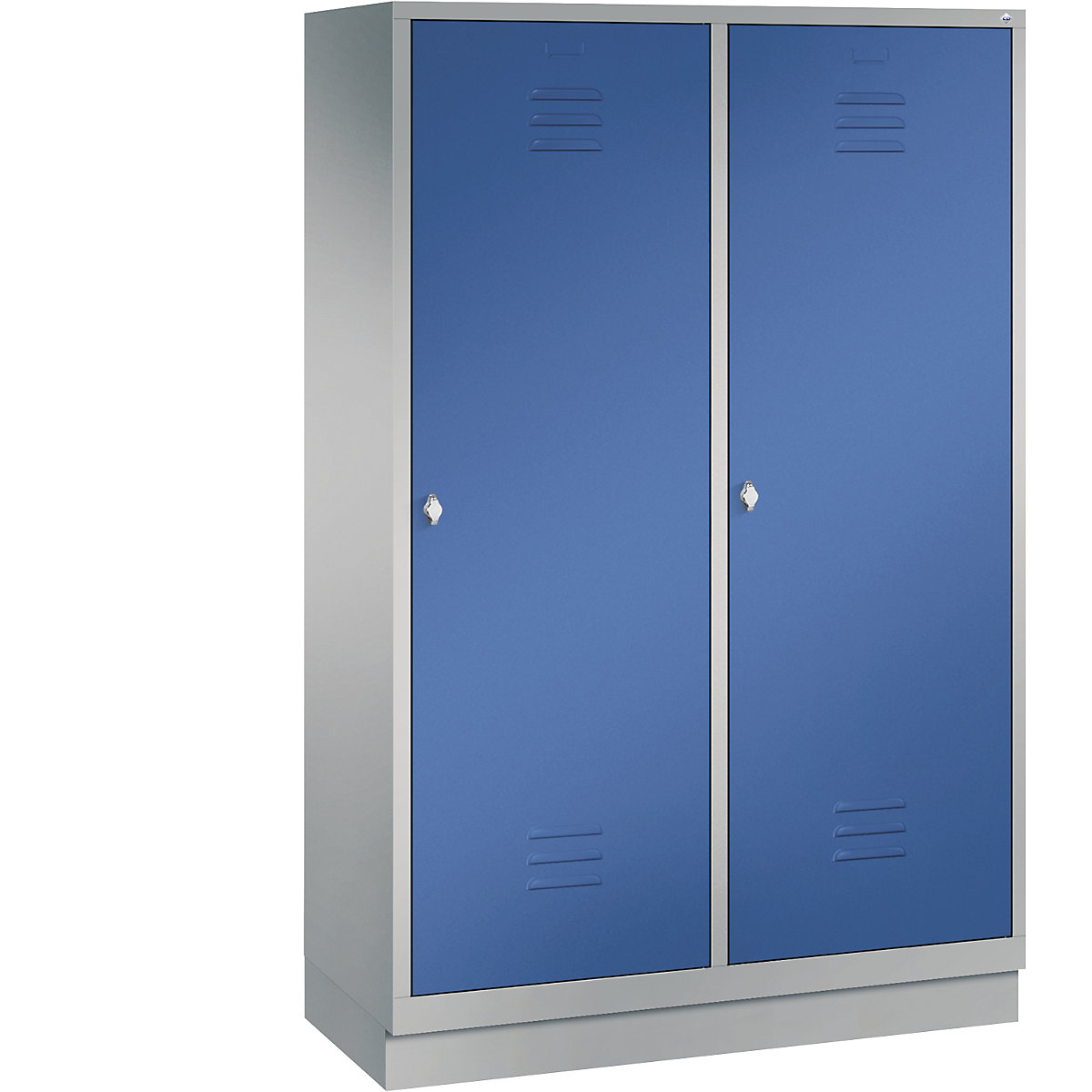 CLASSIC cloakroom locker with plinth, door for 2 compartments – C+P, 4 compartments, compartment width 300 mm, white aluminium / gentian blue-6