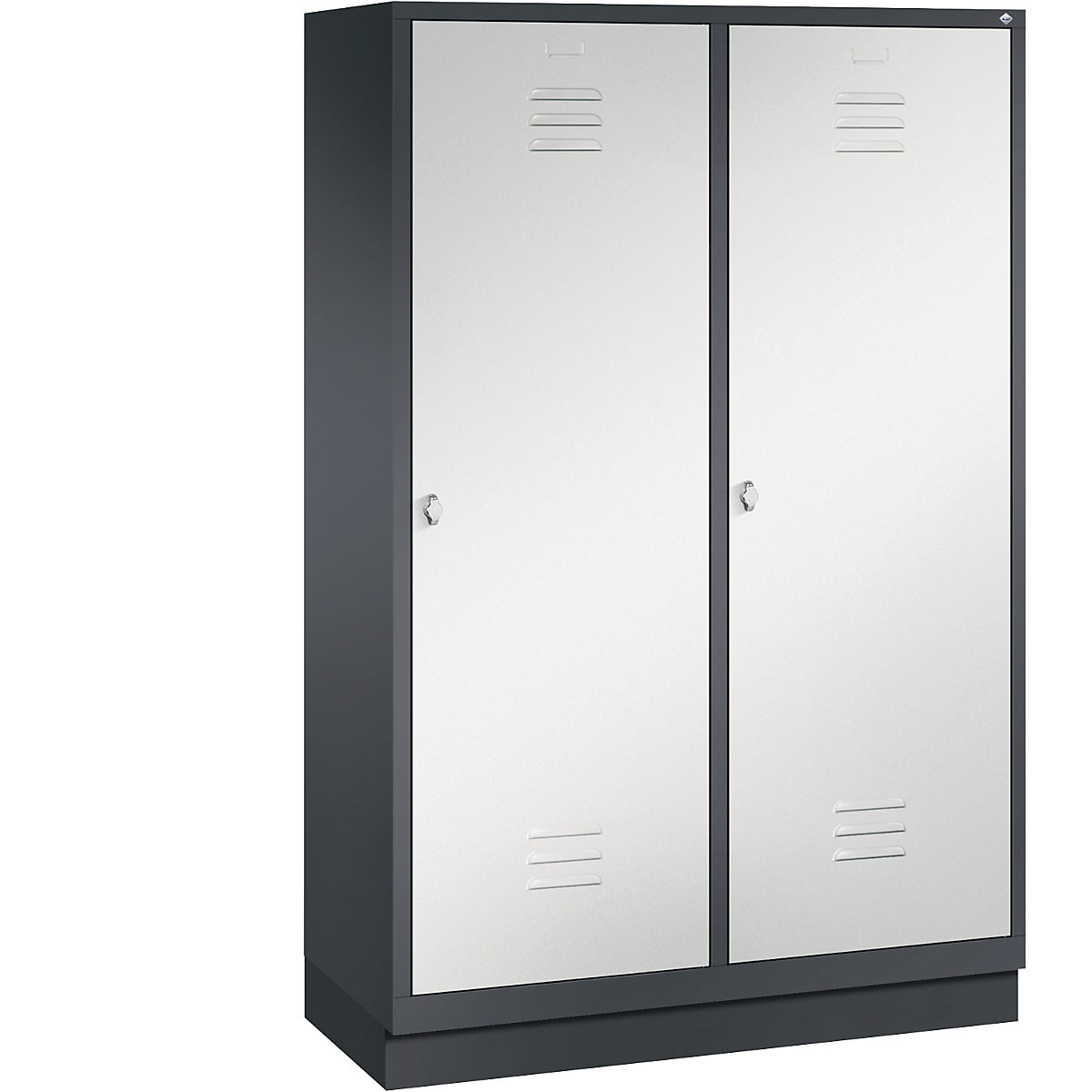CLASSIC cloakroom locker with plinth, door for 2 compartments – C+P, 4 compartments, compartment width 300 mm, black grey / light grey-10
