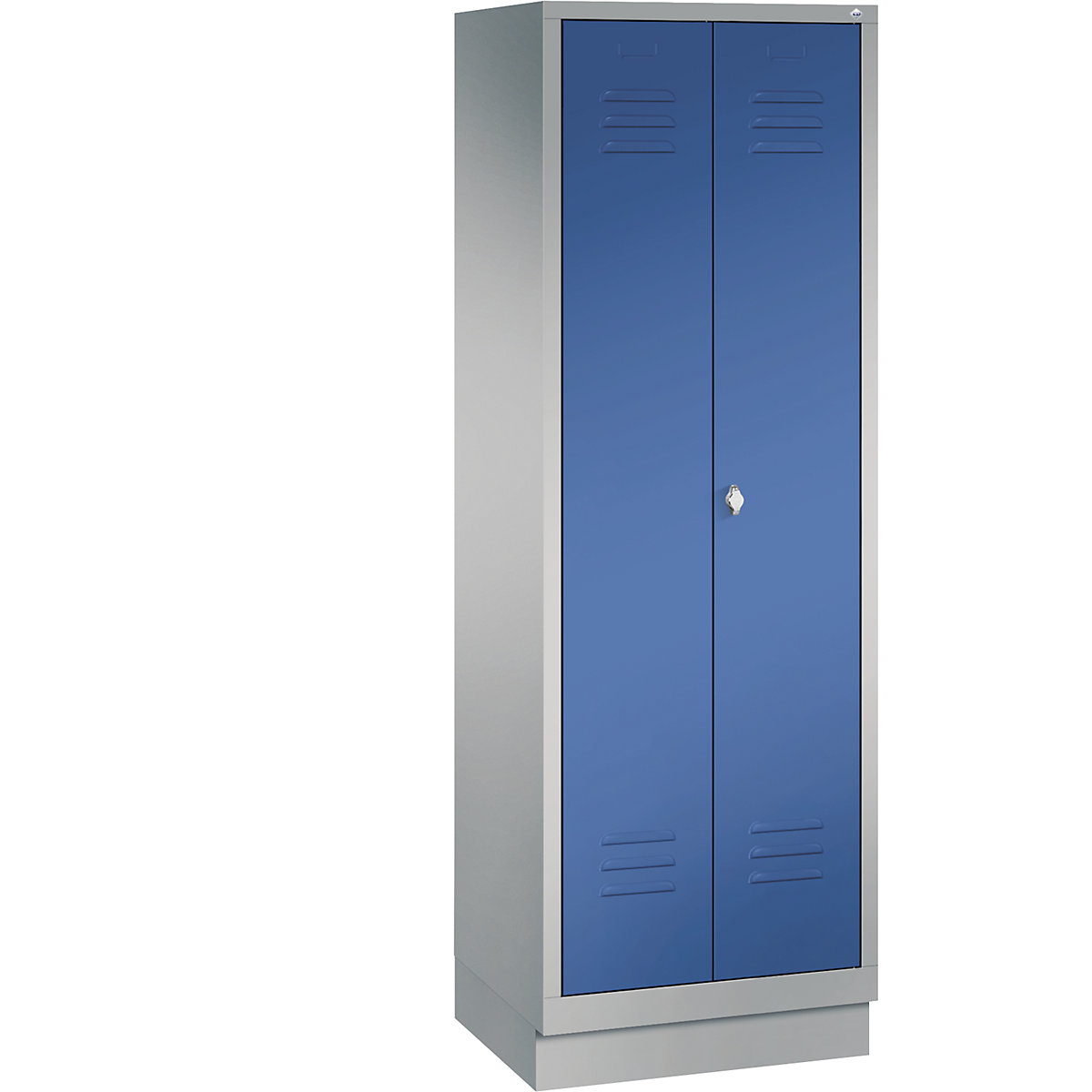CLASSIC cloakroom locker with plinth, doors close in the middle – C+P, 2 compartments, compartment width 300 mm, white aluminium / gentian blue-5