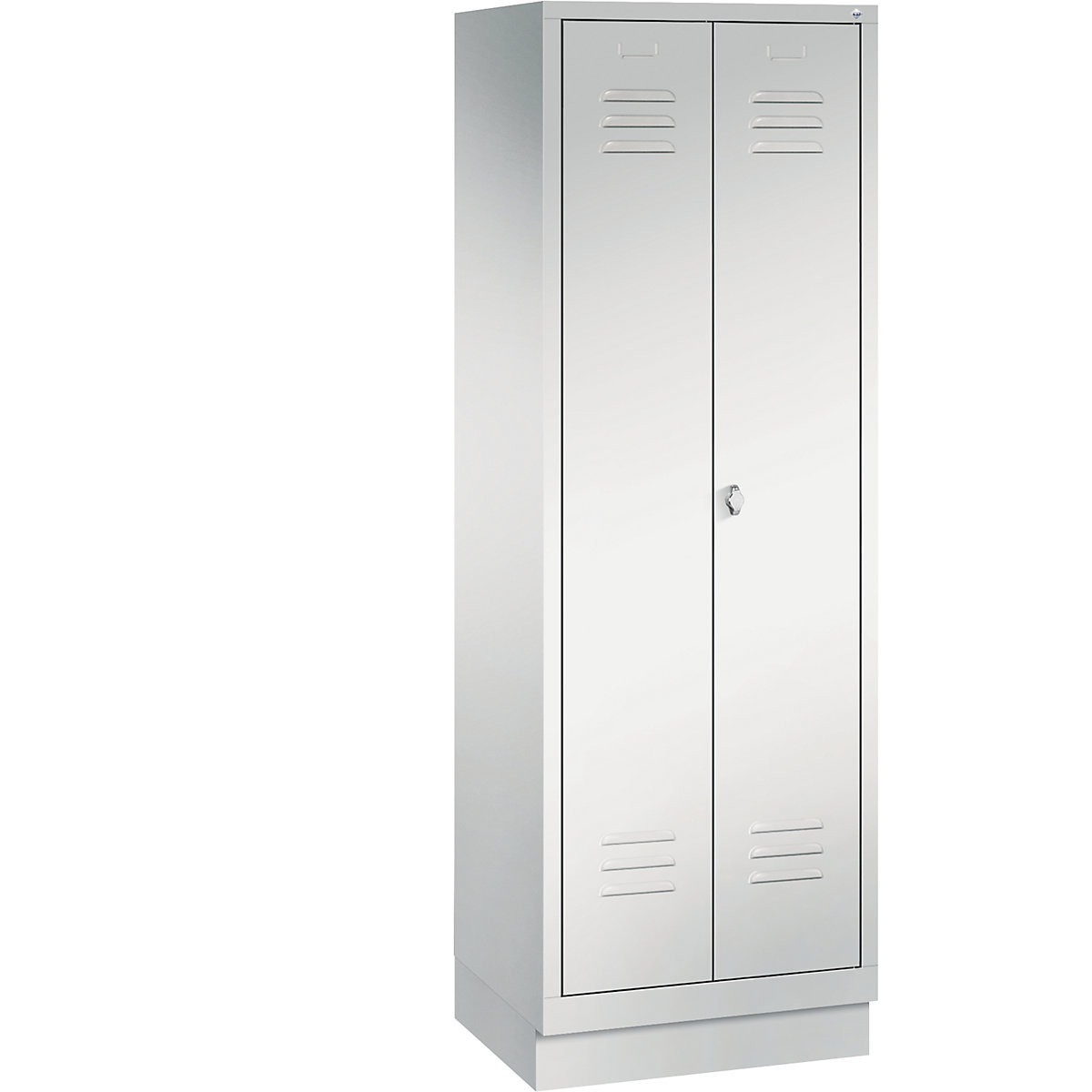 CLASSIC cloakroom locker with plinth, doors close in the middle – C+P, 2 compartments, compartment width 300 mm, light grey-9