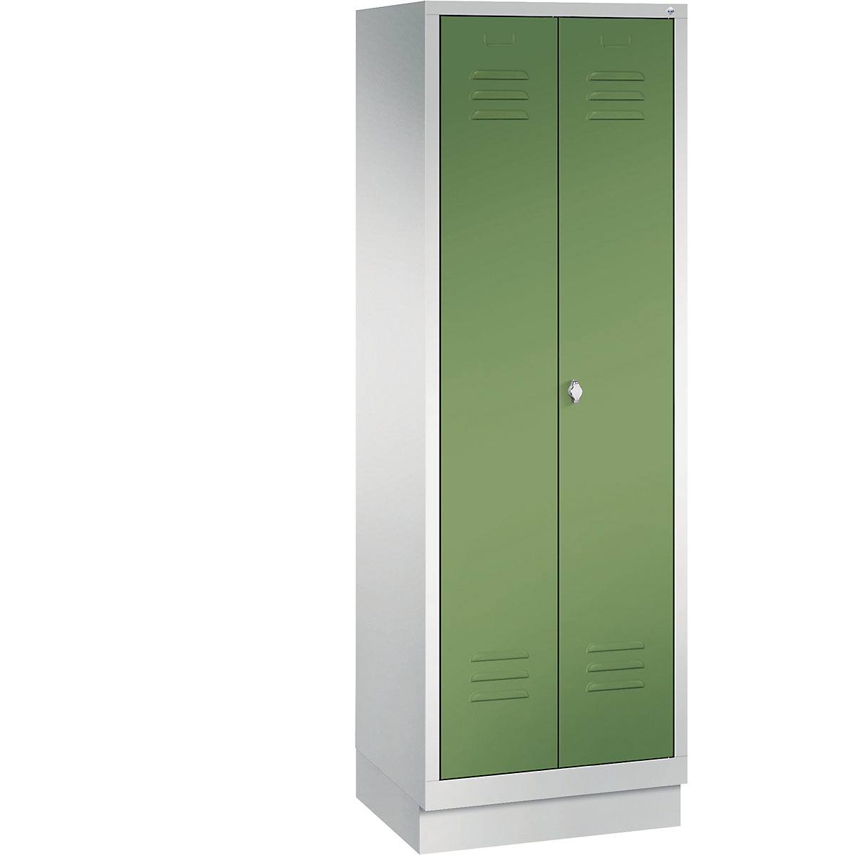 CLASSIC cloakroom locker with plinth, doors close in the middle – C+P, 2 compartments, compartment width 300 mm, light grey / reseda green-6