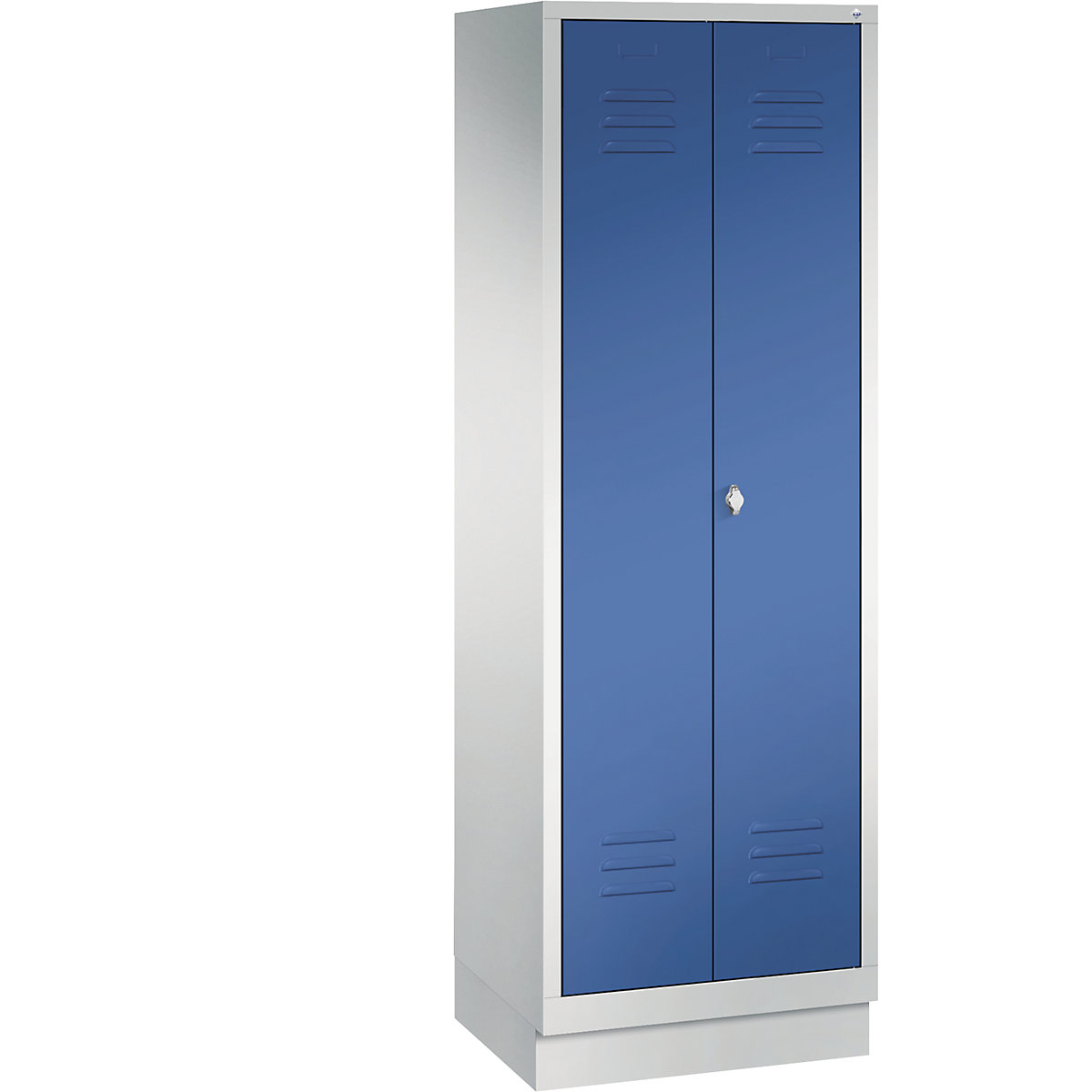 CLASSIC cloakroom locker with plinth, doors close in the middle – C+P, 2 compartments, compartment width 300 mm, light grey / gentian blue-8
