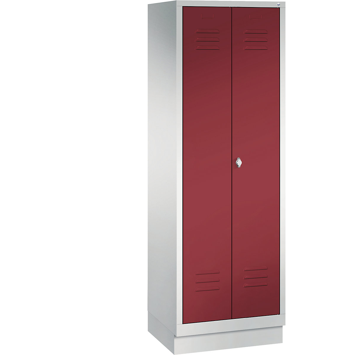 CLASSIC cloakroom locker with plinth, doors close in the middle – C+P, 2 compartments, compartment width 300 mm, light grey / ruby red-11