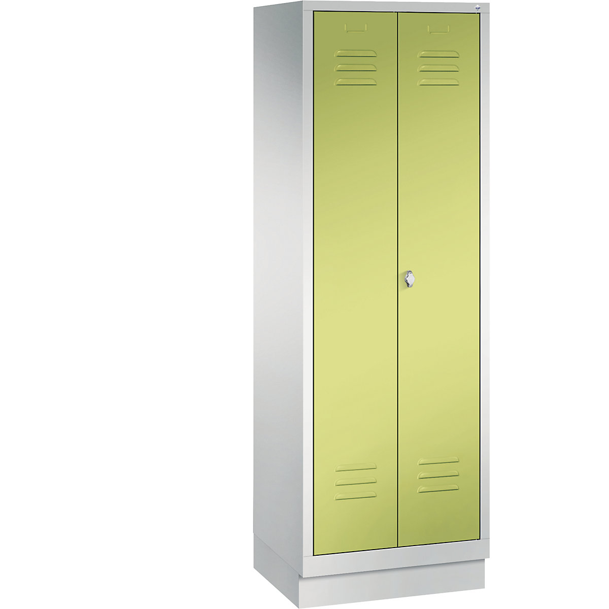 CLASSIC cloakroom locker with plinth, doors close in the middle – C+P, 2 compartments, compartment width 300 mm, light grey / viridian green-13