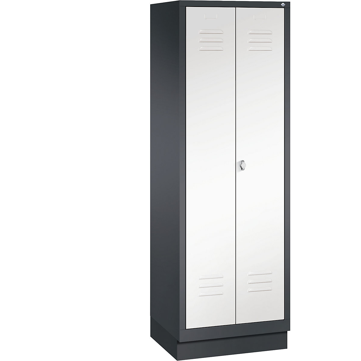 CLASSIC cloakroom locker with plinth, doors close in the middle – C+P, 2 compartments, compartment width 300 mm, black grey / traffic white-3