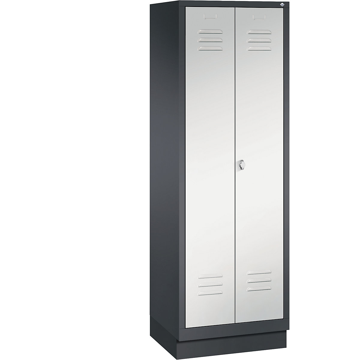 CLASSIC cloakroom locker with plinth, doors close in the middle – C+P, 2 compartments, compartment width 300 mm, black grey / light grey-4