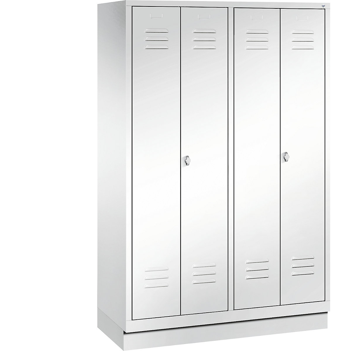 CLASSIC cloakroom locker with plinth, doors close in the middle – C+P, 4 compartments, compartment width 300 mm, traffic white-4