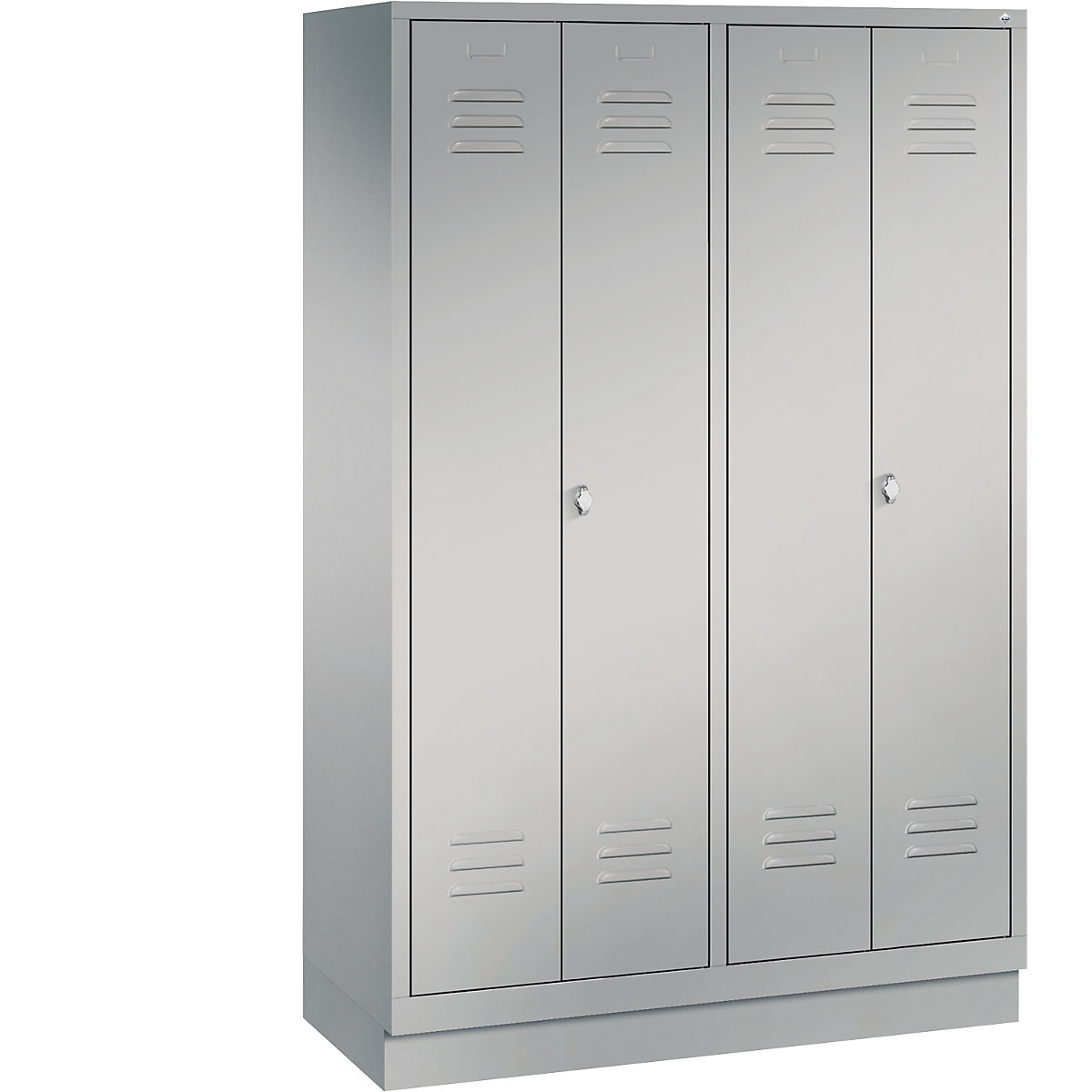 CLASSIC cloakroom locker with plinth, doors close in the middle – C+P, 4 compartments, compartment width 300 mm, white aluminium-7
