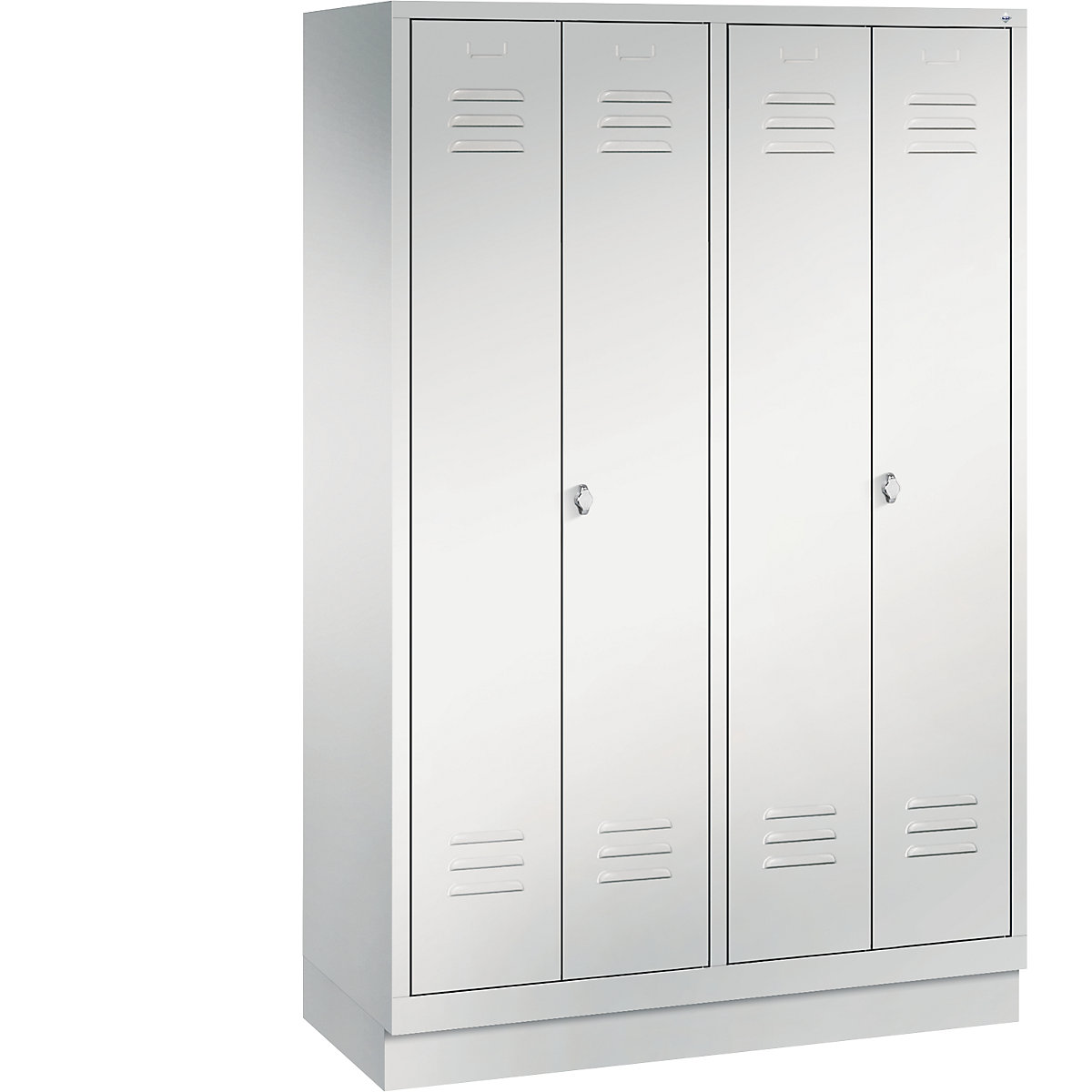 CLASSIC cloakroom locker with plinth, doors close in the middle – C+P, 4 compartments, compartment width 300 mm, light grey-11