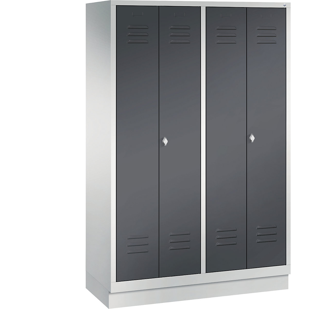 CLASSIC cloakroom locker with plinth, doors close in the middle – C+P, 4 compartments, compartment width 300 mm, light grey / black grey-10