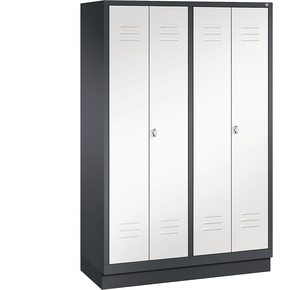 CLASSIC cloakroom locker with plinth, doors close in the middle – C+P, 4 compartments, compartment width 300 mm, black grey / traffic white-6