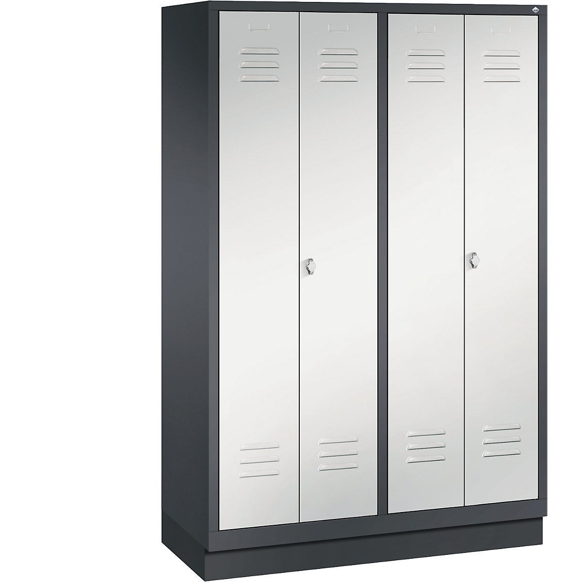 CLASSIC cloakroom locker with plinth, doors close in the middle – C+P, 4 compartments, compartment width 300 mm, black grey / light grey-9