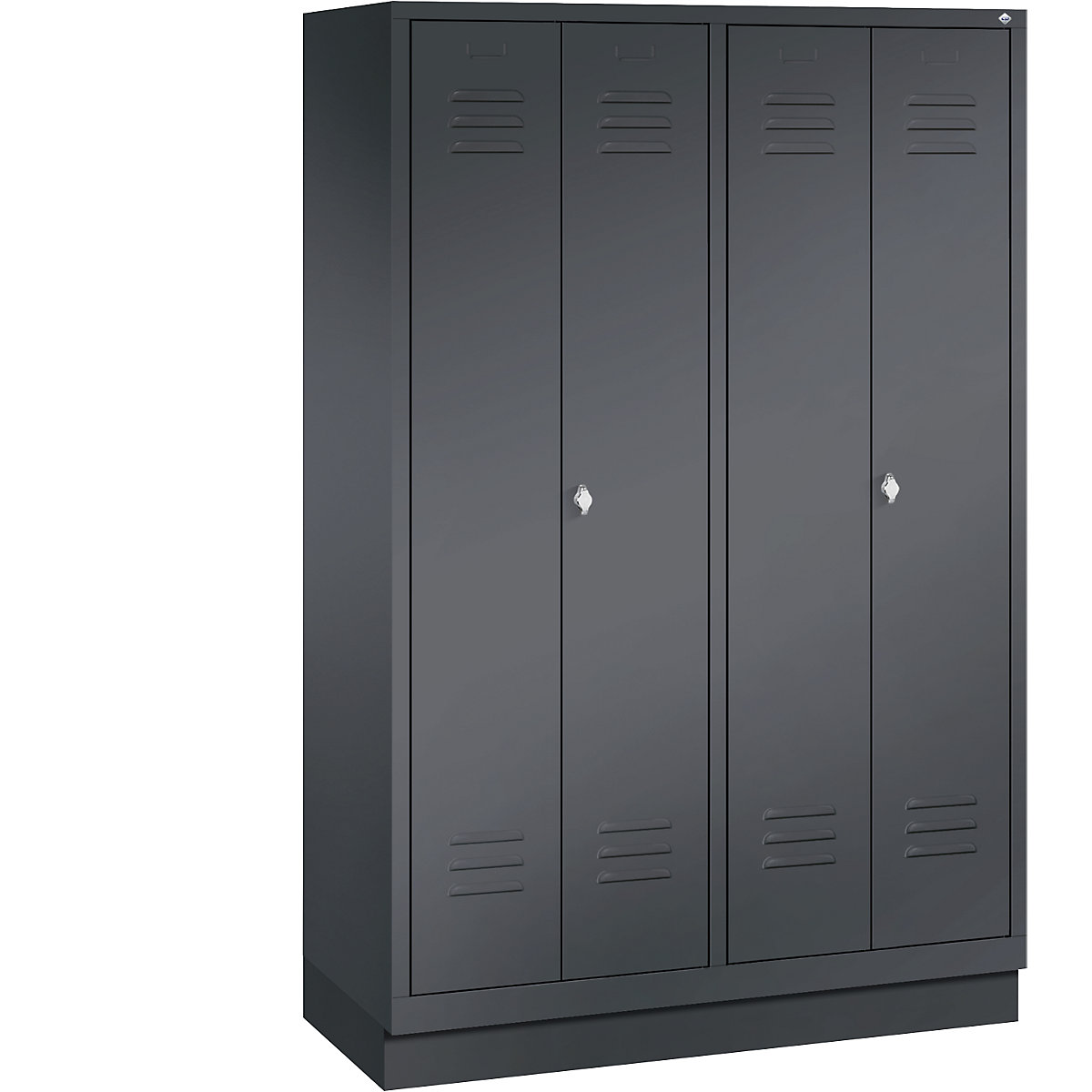 CLASSIC cloakroom locker with plinth, doors close in the middle – C+P, 4 compartments, compartment width 300 mm, black grey-5