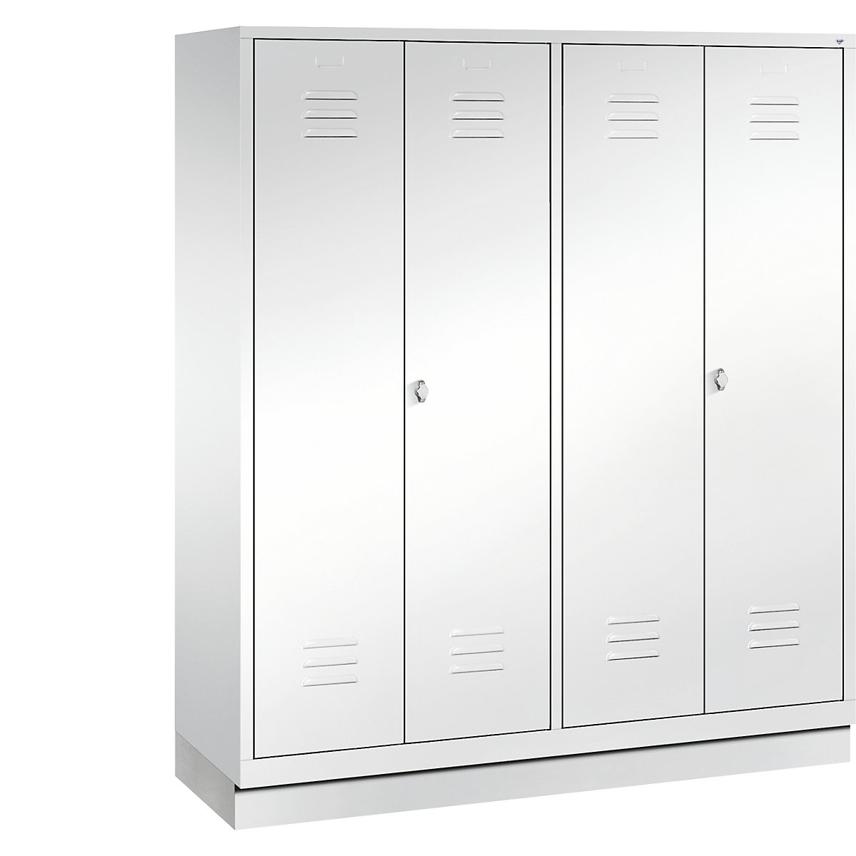 CLASSIC cloakroom locker with plinth, doors close in the middle – C+P, 4 compartments, compartment width 400 mm, traffic white-11