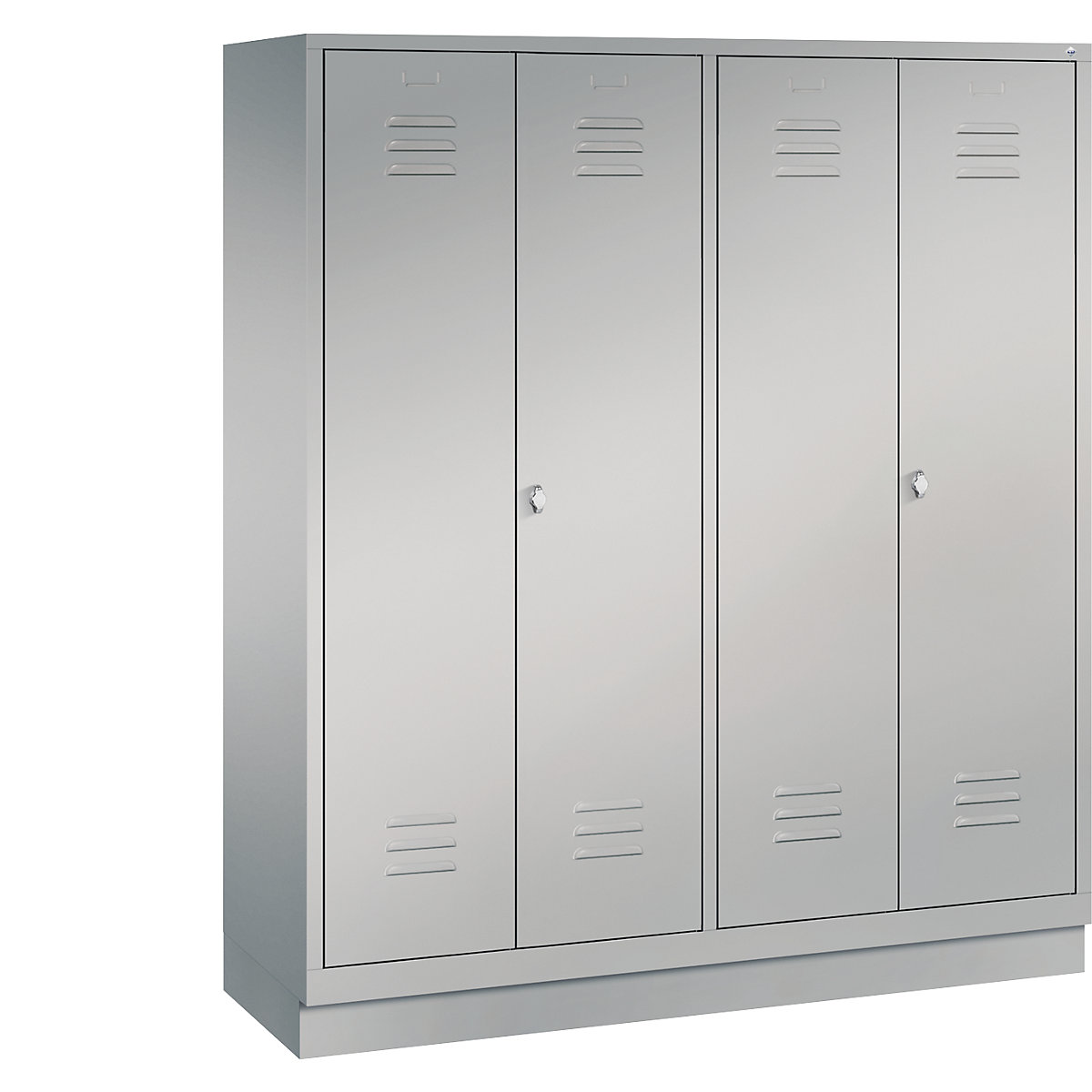 CLASSIC cloakroom locker with plinth, doors close in the middle – C+P, 4 compartments, compartment width 400 mm, white aluminium-8