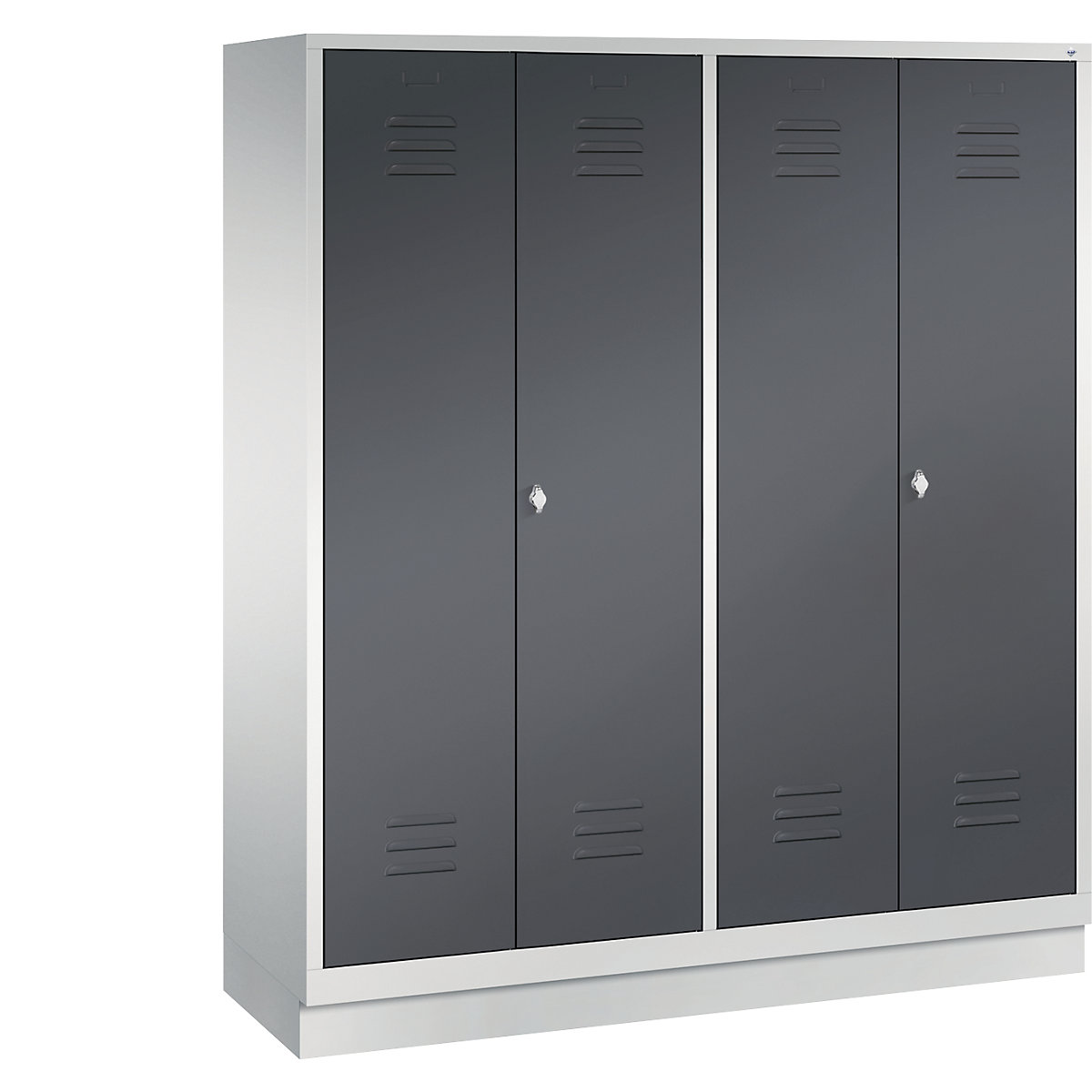 CLASSIC cloakroom locker with plinth, doors close in the middle – C+P, 4 compartments, compartment width 400 mm, light grey / black grey-6