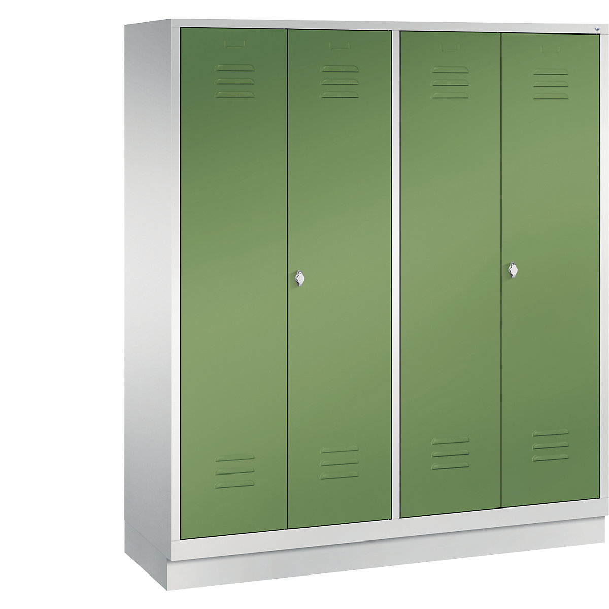CLASSIC cloakroom locker with plinth, doors close in the middle – C+P, 4 compartments, compartment width 400 mm, light grey / reseda green-14