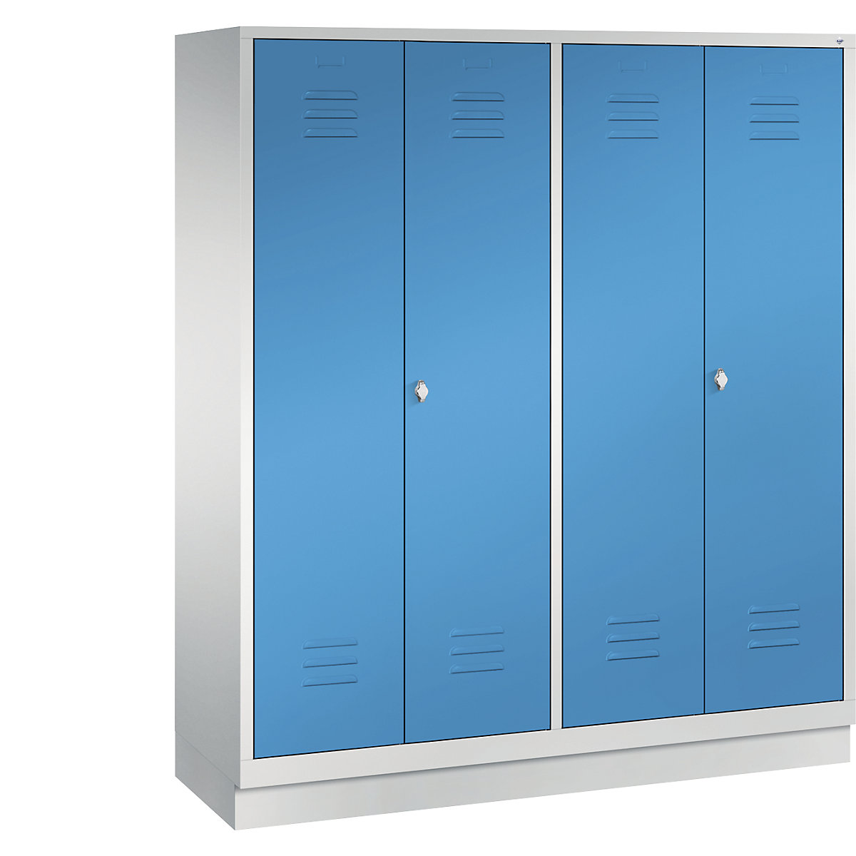 CLASSIC cloakroom locker with plinth, doors close in the middle – C+P, 4 compartments, compartment width 400 mm, light grey / light blue-12