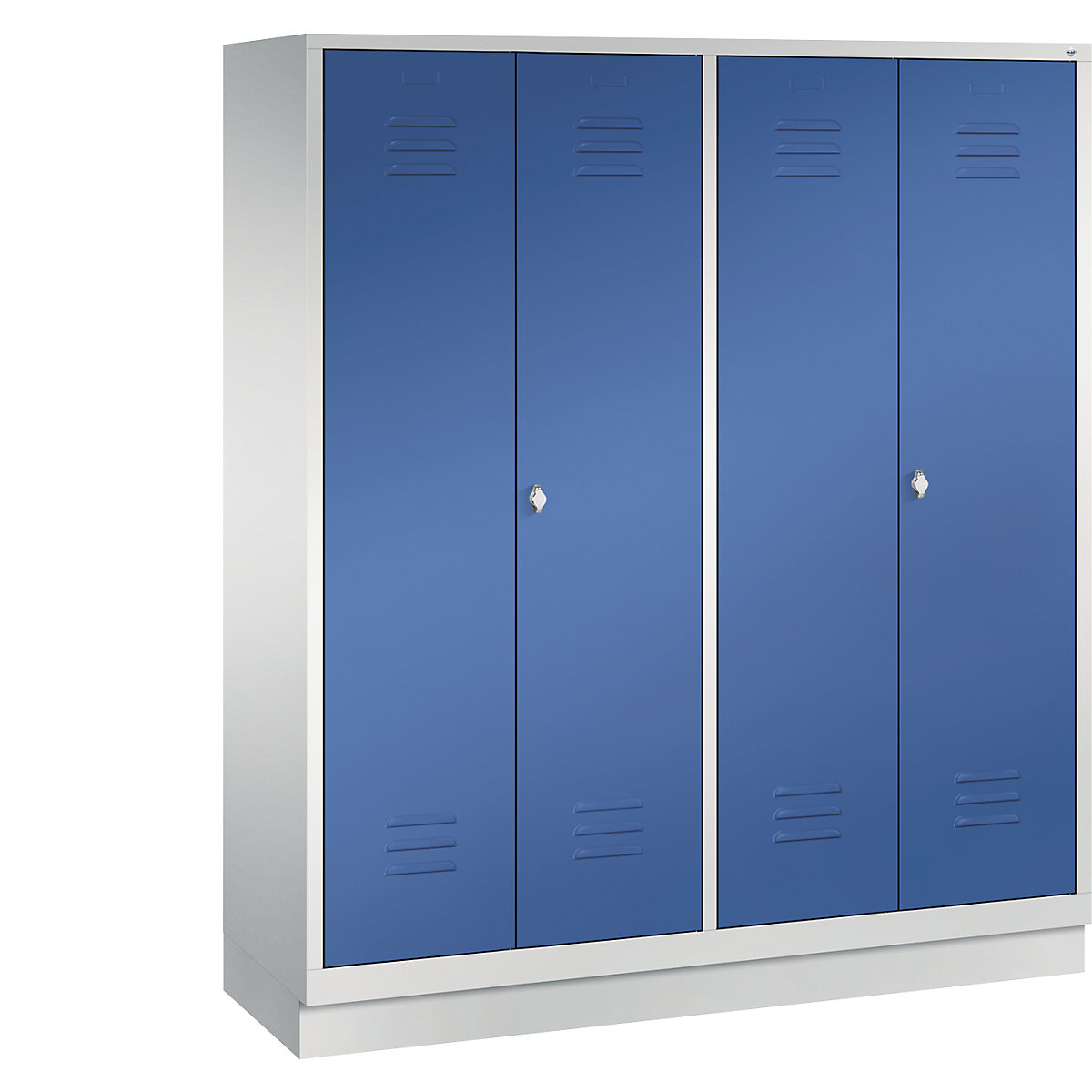 CLASSIC cloakroom locker with plinth, doors close in the middle – C+P, 4 compartments, compartment width 400 mm, light grey / gentian blue-3