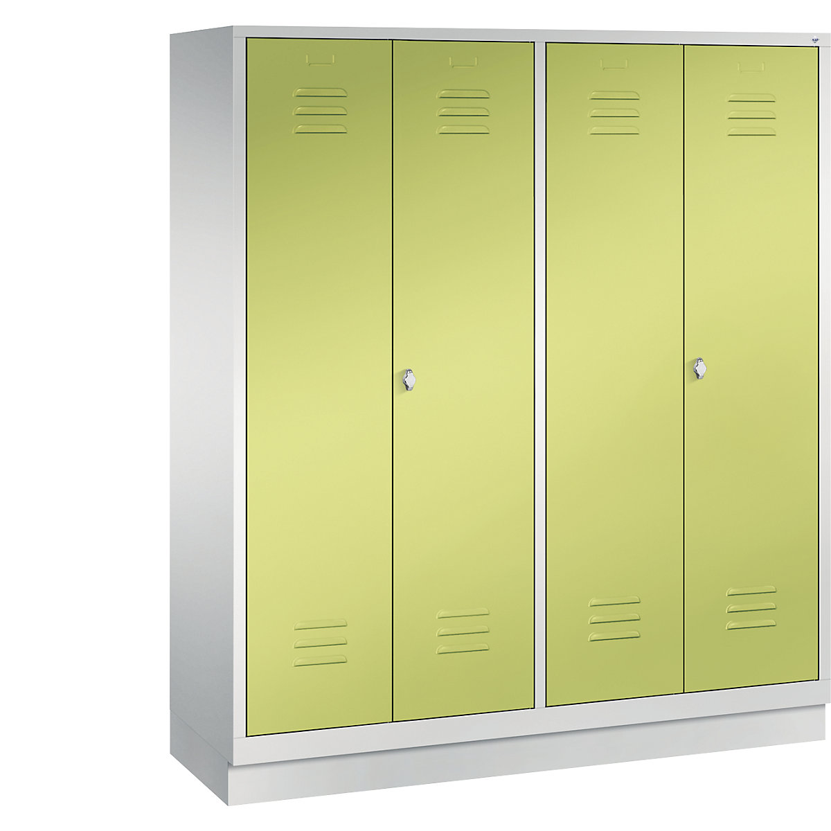 CLASSIC cloakroom locker with plinth, doors close in the middle – C+P, 4 compartments, compartment width 400 mm, light grey / viridian green-10