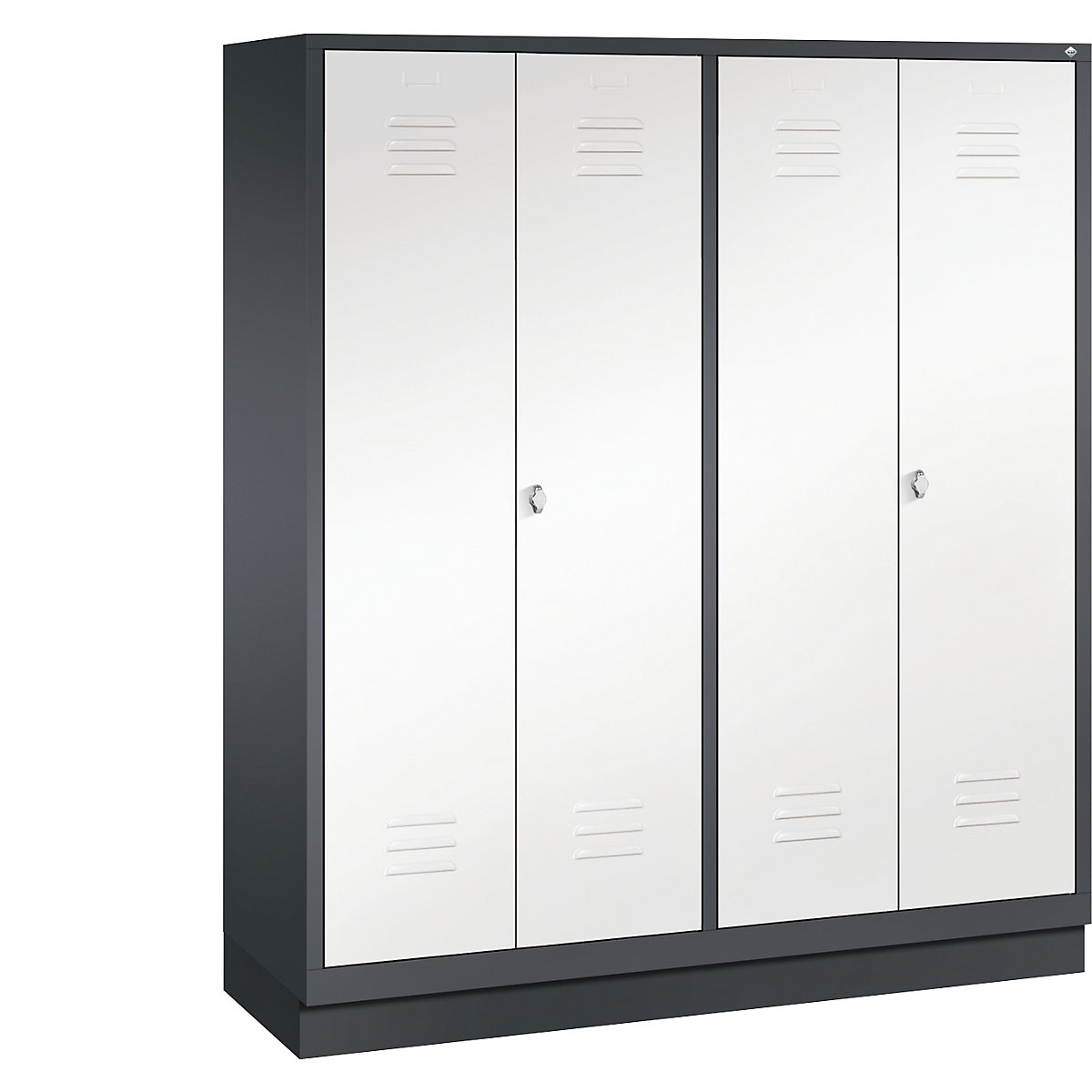 CLASSIC cloakroom locker with plinth, doors close in the middle – C+P, 4 compartments, compartment width 400 mm, black grey / traffic white-13