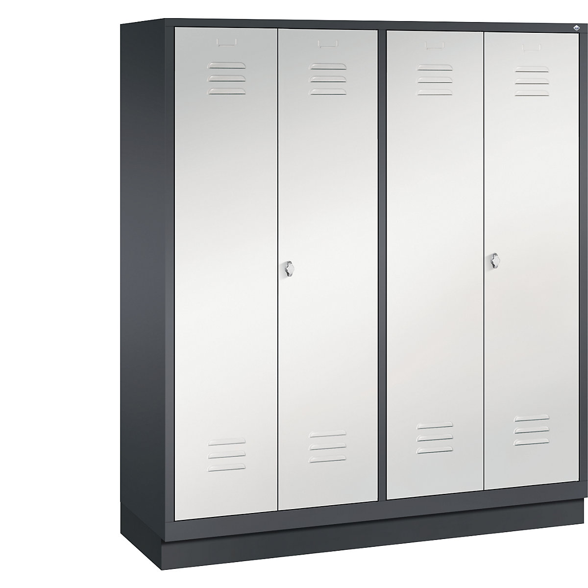 CLASSIC cloakroom locker with plinth, doors close in the middle – C+P, 4 compartments, compartment width 400 mm, black grey / light grey-9