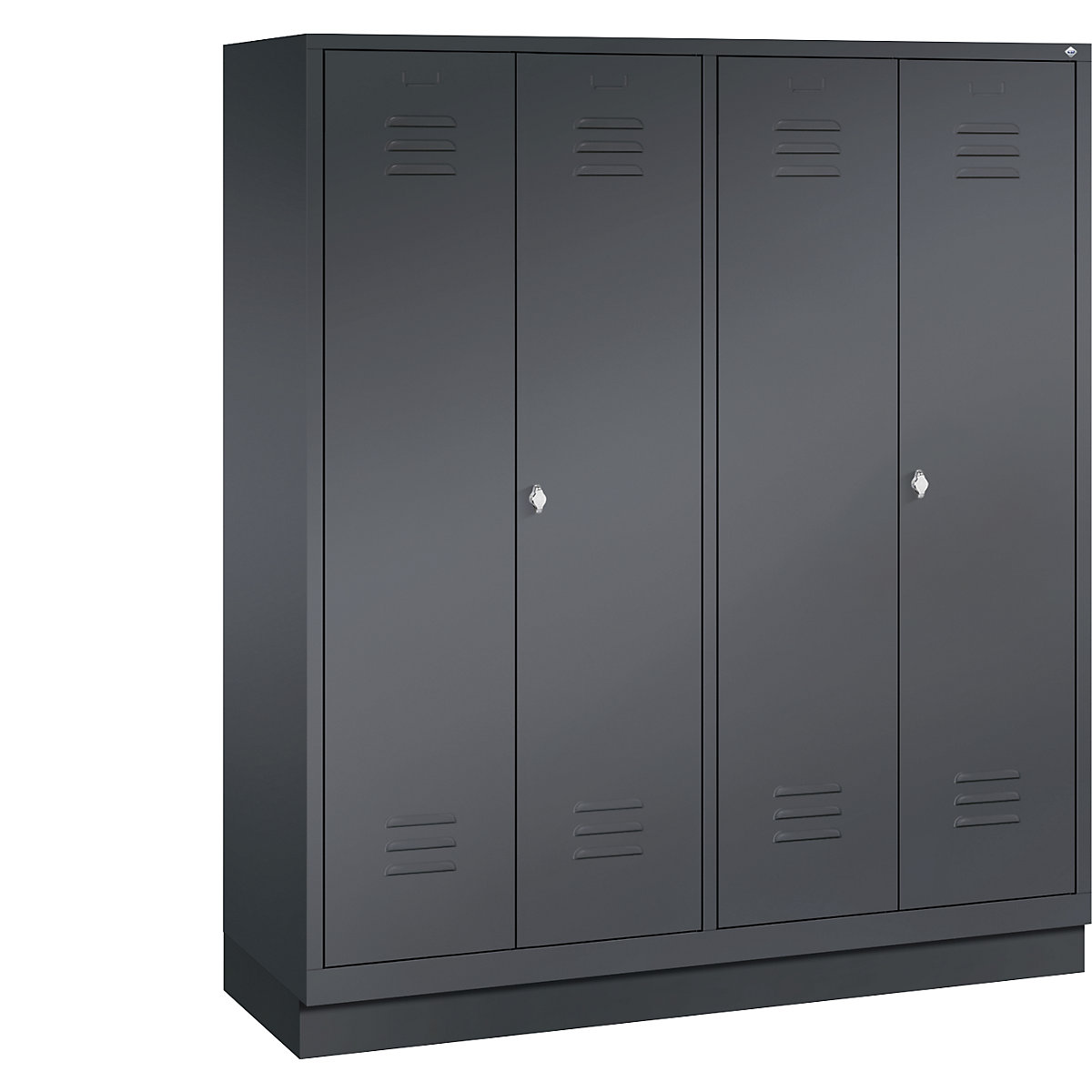 CLASSIC cloakroom locker with plinth, doors close in the middle – C+P, 4 compartments, compartment width 400 mm, black grey-4