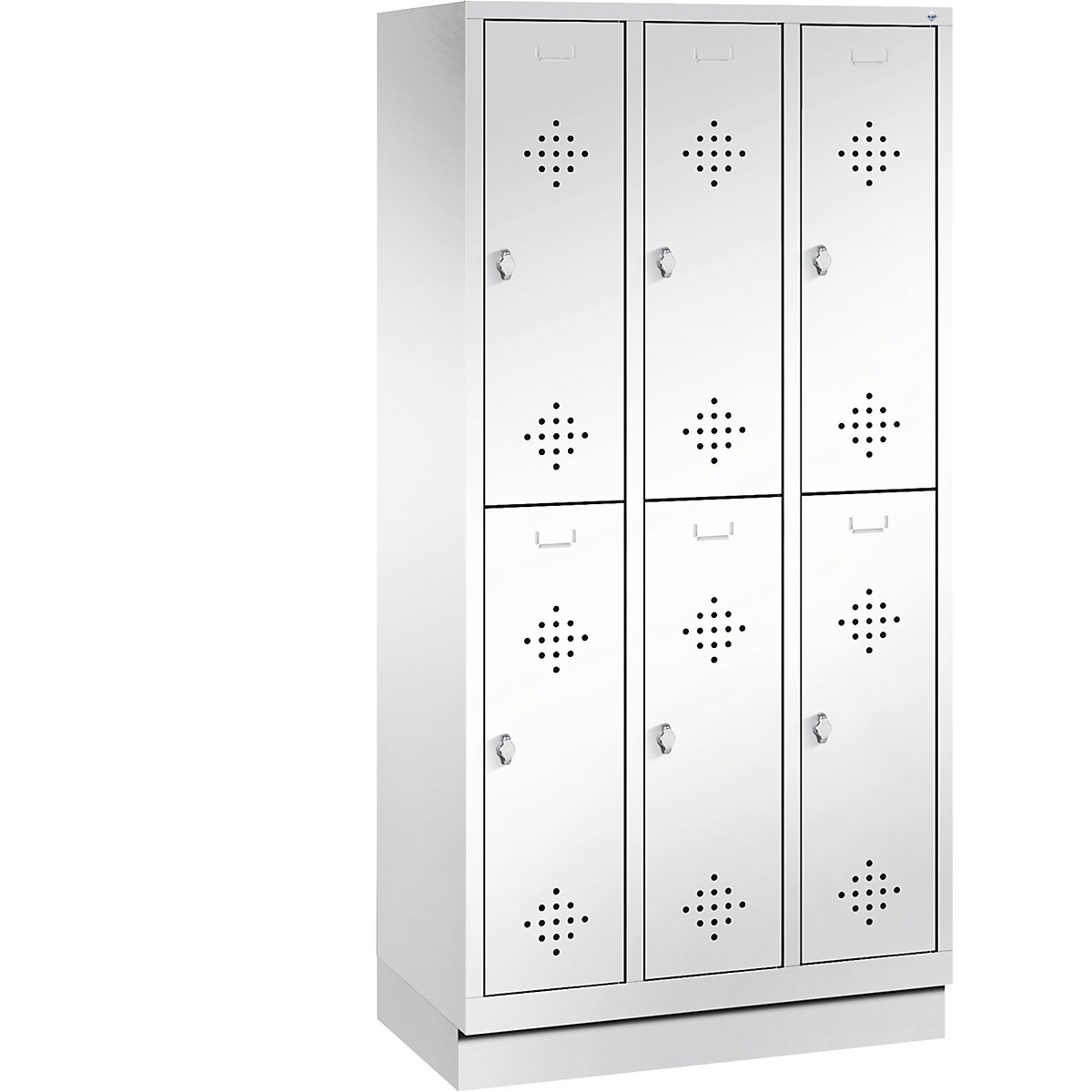 CLASSIC cloakroom locker with plinth, double tier – C+P, 3 compartments, 2 shelf compartments each, compartment width 300 mm, traffic white-9