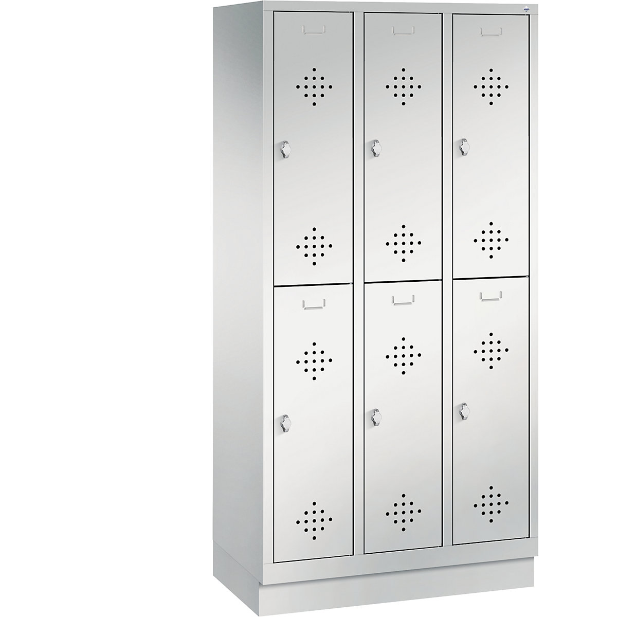 CLASSIC cloakroom locker with plinth, double tier – C+P, 3 compartments, 2 shelf compartments each, compartment width 300 mm, light grey-10