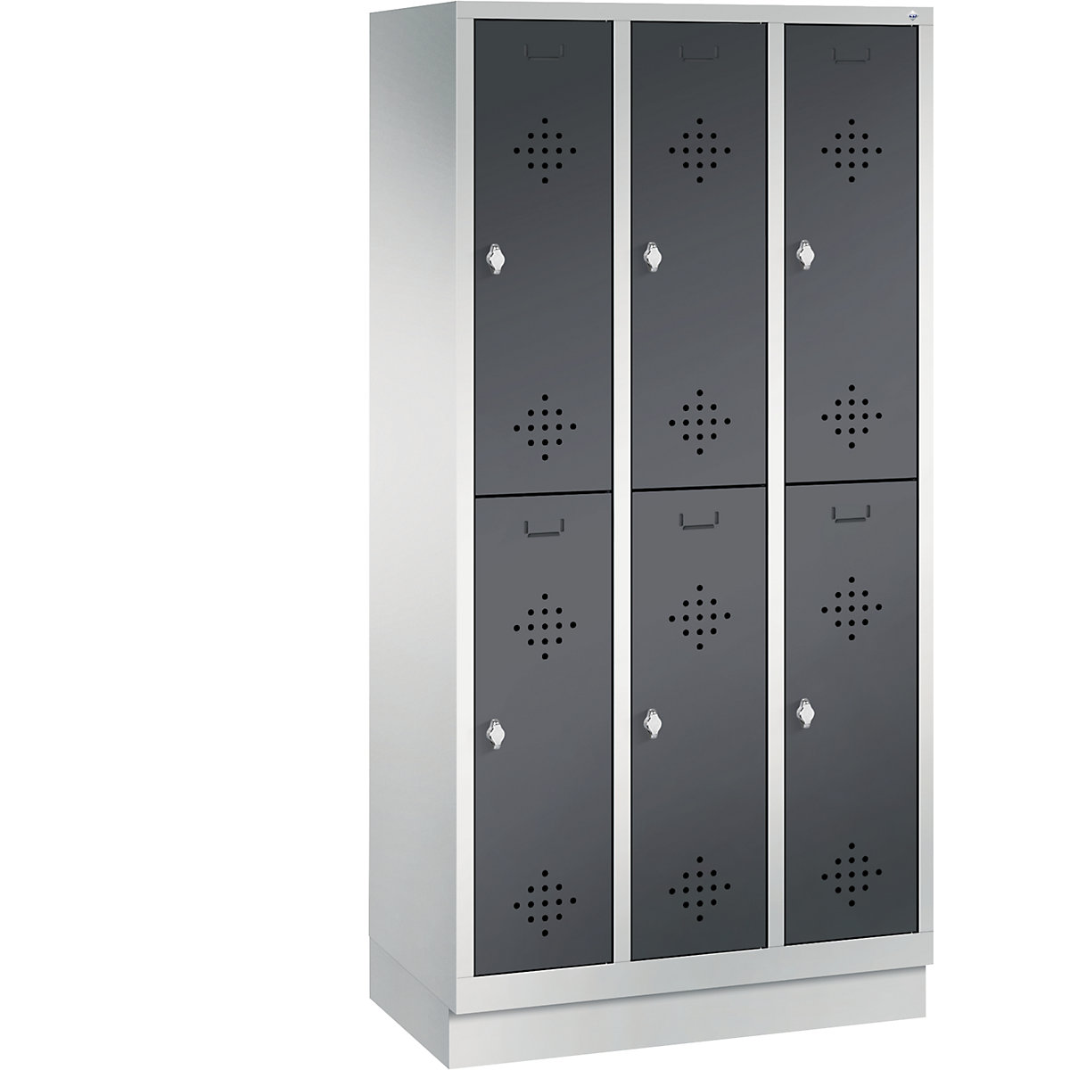 CLASSIC cloakroom locker with plinth, double tier – C+P, 3 compartments, 2 shelf compartments each, compartment width 300 mm, light grey / black grey-7