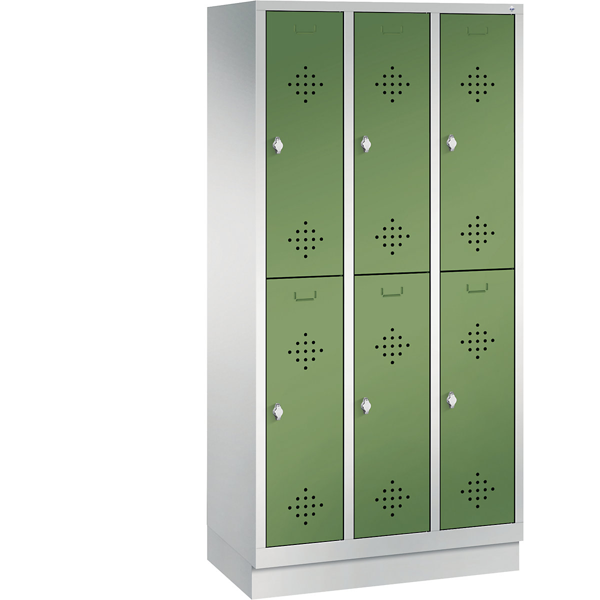 CLASSIC cloakroom locker with plinth, double tier – C+P, 3 compartments, 2 shelf compartments each, compartment width 300 mm, light grey / reseda green-8