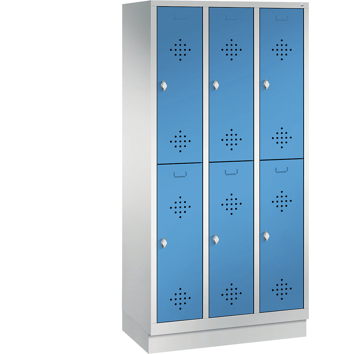 CLASSIC cloakroom locker with plinth, double tier – C+P, 3 compartments, 2 shelf compartments each, compartment width 300 mm, light grey / light blue-5