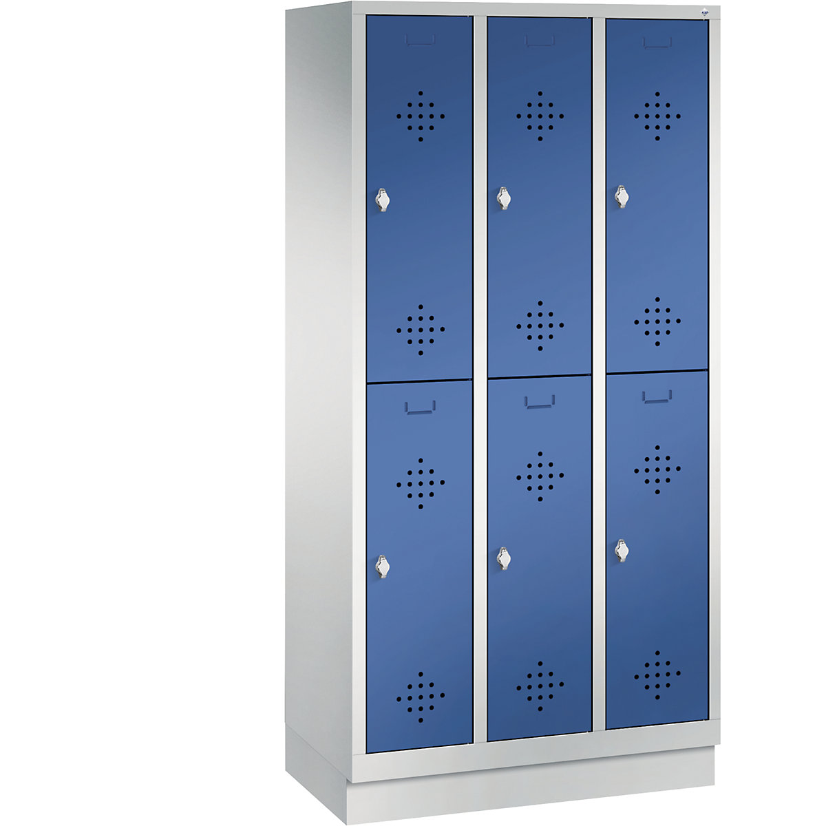 CLASSIC cloakroom locker with plinth, double tier – C+P, 3 compartments, 2 shelf compartments each, compartment width 300 mm, light grey / gentian blue-3