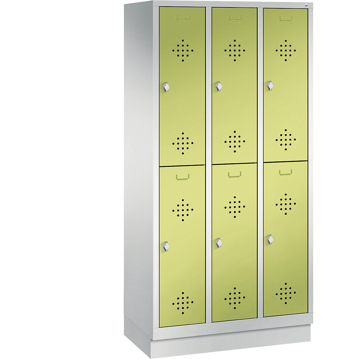 CLASSIC cloakroom locker with plinth, double tier – C+P, 3 compartments, 2 shelf compartments each, compartment width 300 mm, light grey / viridian green-6