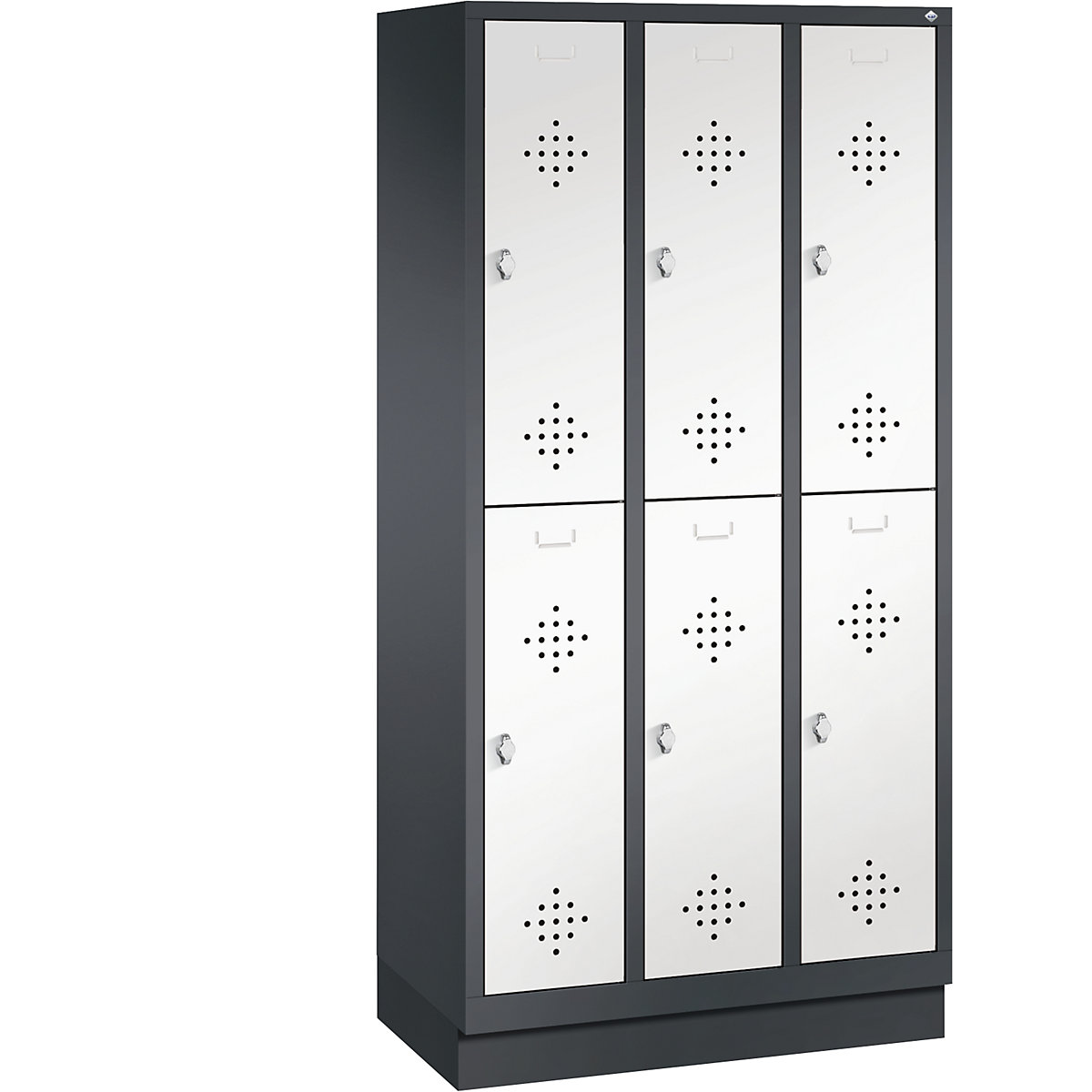 CLASSIC cloakroom locker with plinth, double tier – C+P, 3 compartments, 2 shelf compartments each, compartment width 300 mm, black grey / traffic white-4