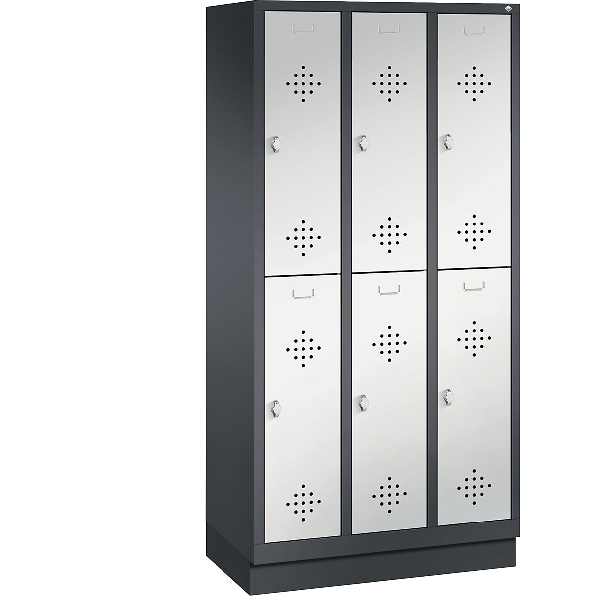 CLASSIC cloakroom locker with plinth, double tier – C+P, 3 compartments, 2 shelf compartments each, compartment width 300 mm, black grey / light grey-14