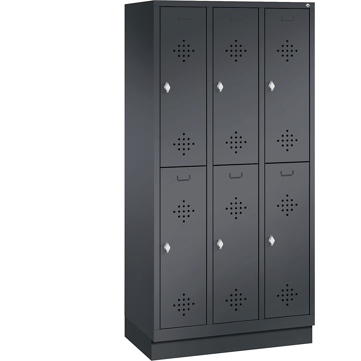 CLASSIC cloakroom locker with plinth, double tier – C+P, 3 compartments, 2 shelf compartments each, compartment width 300 mm, black grey-11