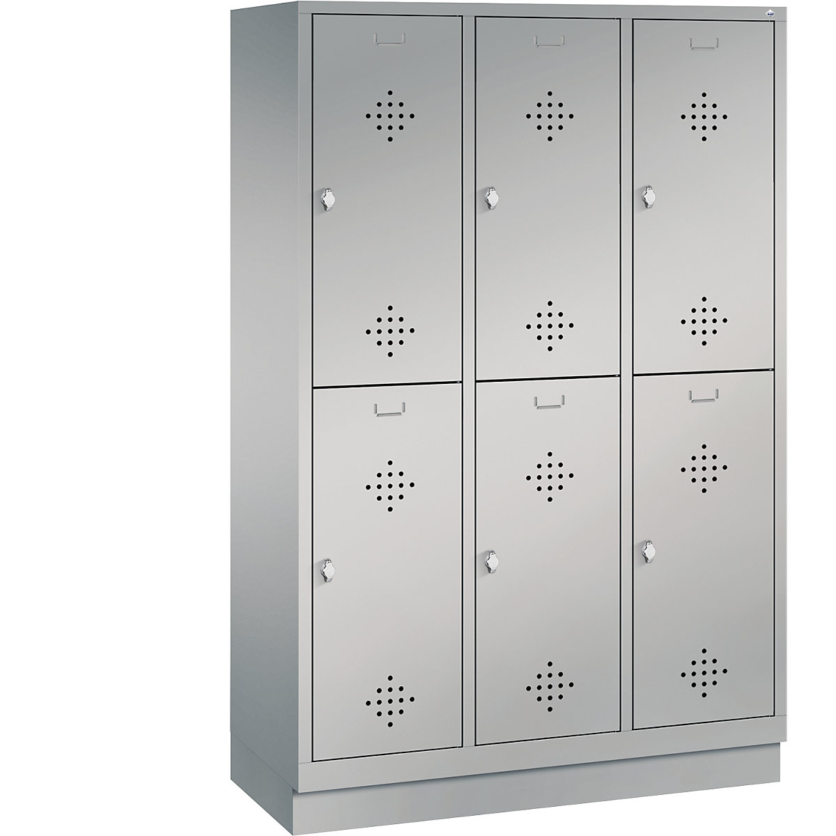 CLASSIC cloakroom locker with plinth, double tier – C+P, 3 compartments, 2 shelf compartments each, compartment width 400 mm, white aluminium-5