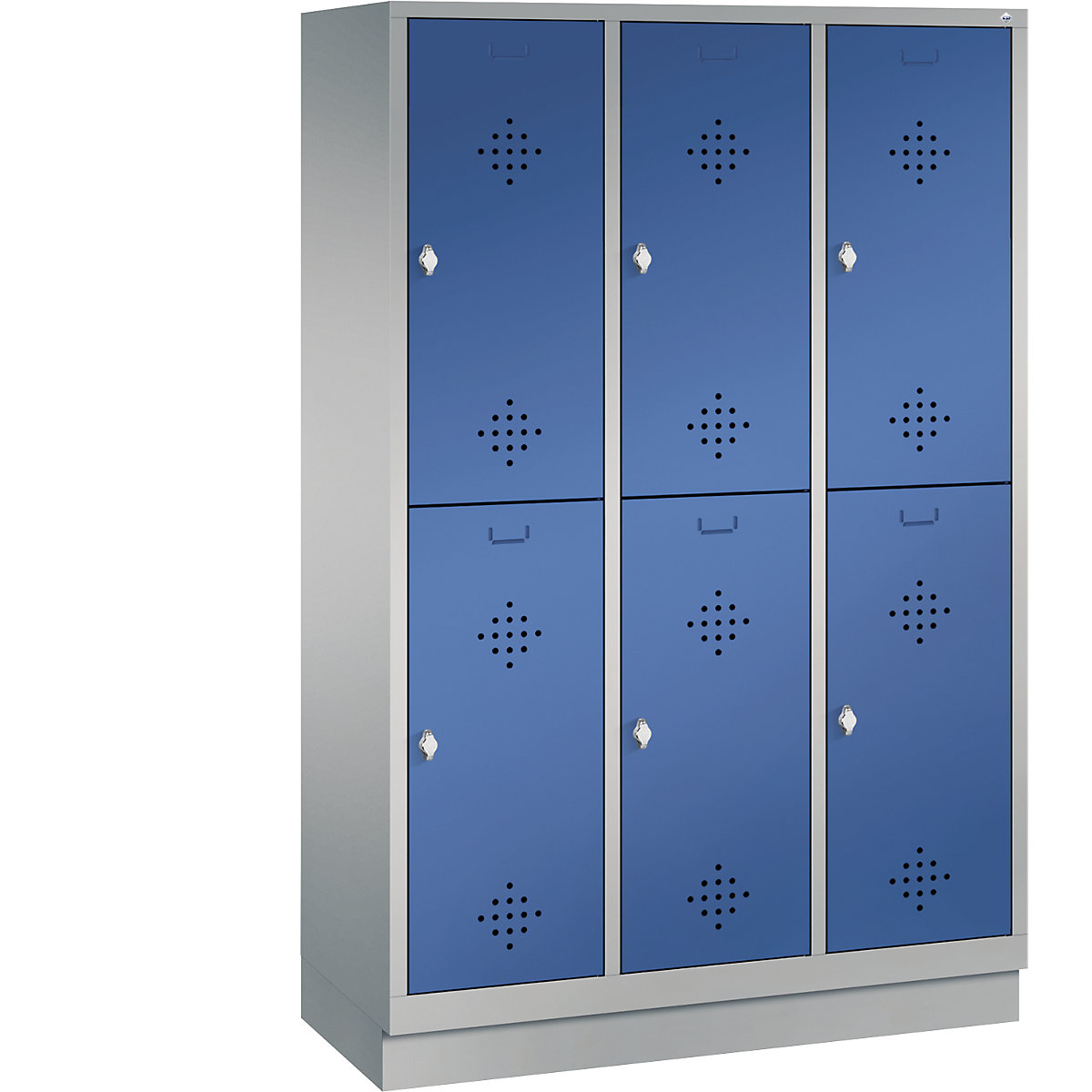 CLASSIC cloakroom locker with plinth, double tier – C+P, 3 compartments, 2 shelf compartments each, compartment width 400 mm, white aluminium / gentian blue-10