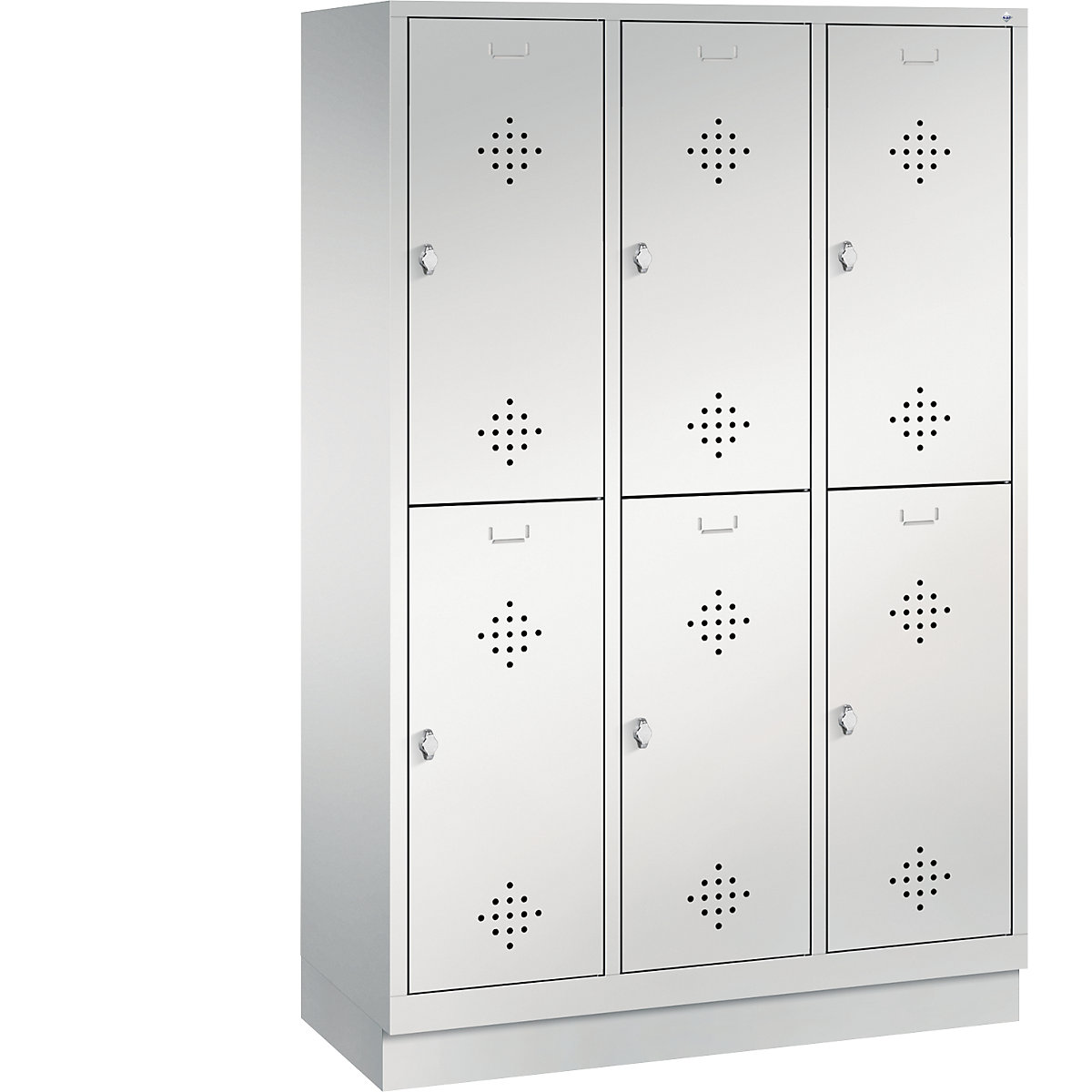 CLASSIC cloakroom locker with plinth, double tier – C+P, 3 compartments, 2 shelf compartments each, compartment width 400 mm, light grey-8