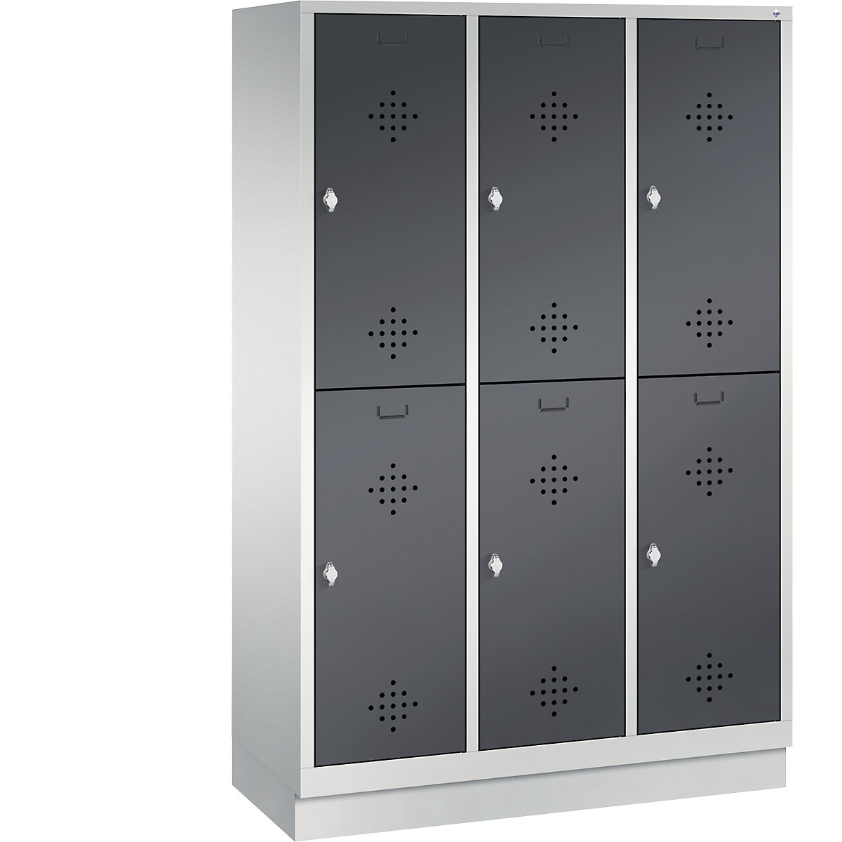 CLASSIC cloakroom locker with plinth, double tier – C+P, 3 compartments, 2 shelf compartments each, compartment width 400 mm, light grey / black grey-4