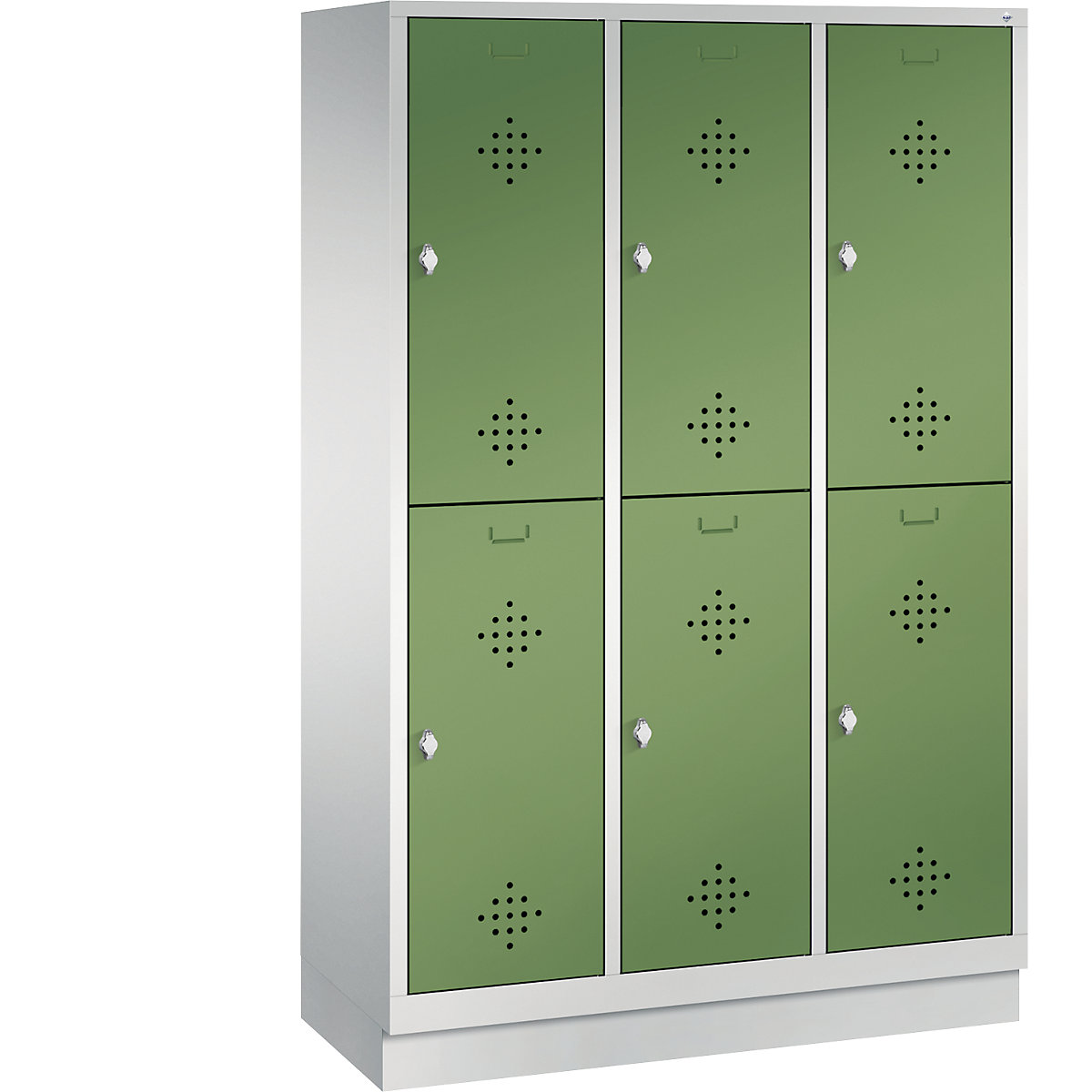 CLASSIC cloakroom locker with plinth, double tier – C+P, 3 compartments, 2 shelf compartments each, compartment width 400 mm, light grey / reseda green-14