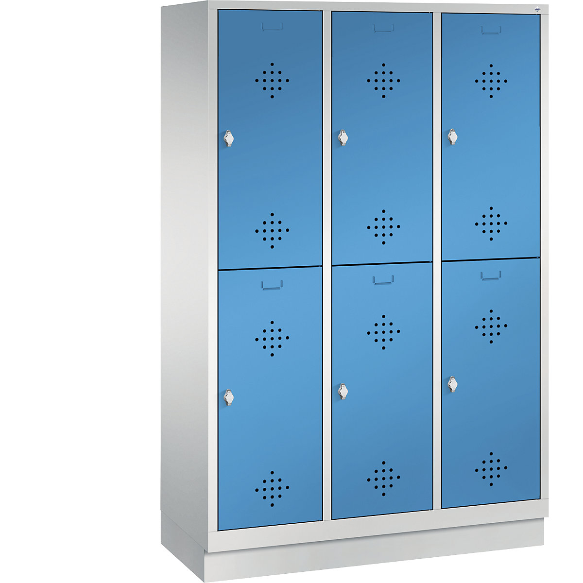 CLASSIC cloakroom locker with plinth, double tier – C+P, 3 compartments, 2 shelf compartments each, compartment width 400 mm, light grey / light blue-11