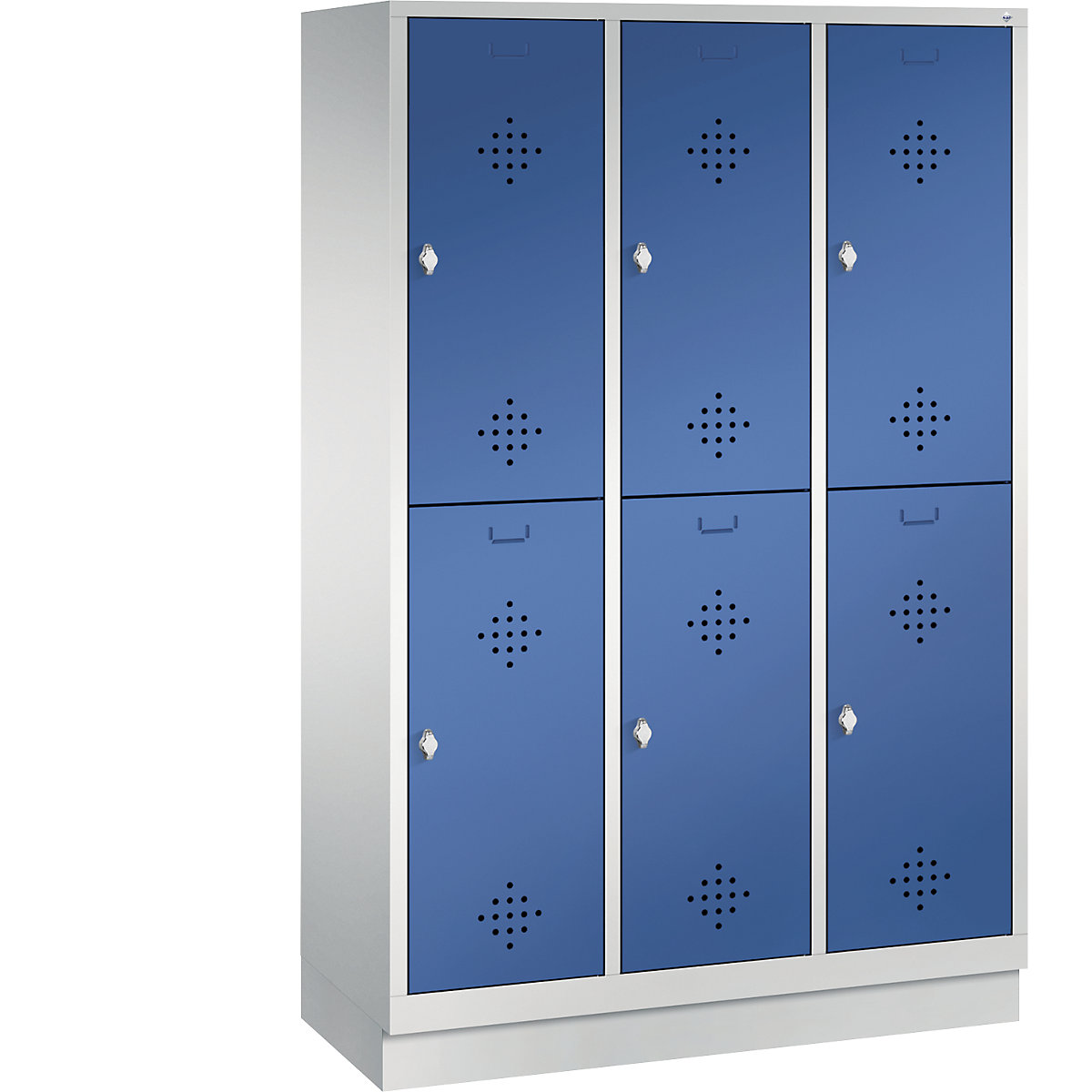 CLASSIC cloakroom locker with plinth, double tier – C+P, 3 compartments, 2 shelf compartments each, compartment width 400 mm, light grey / gentian blue-6