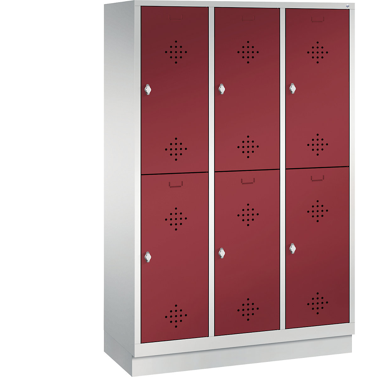 CLASSIC cloakroom locker with plinth, double tier – C+P, 3 compartments, 2 shelf compartments each, compartment width 400 mm, light grey / ruby red-3
