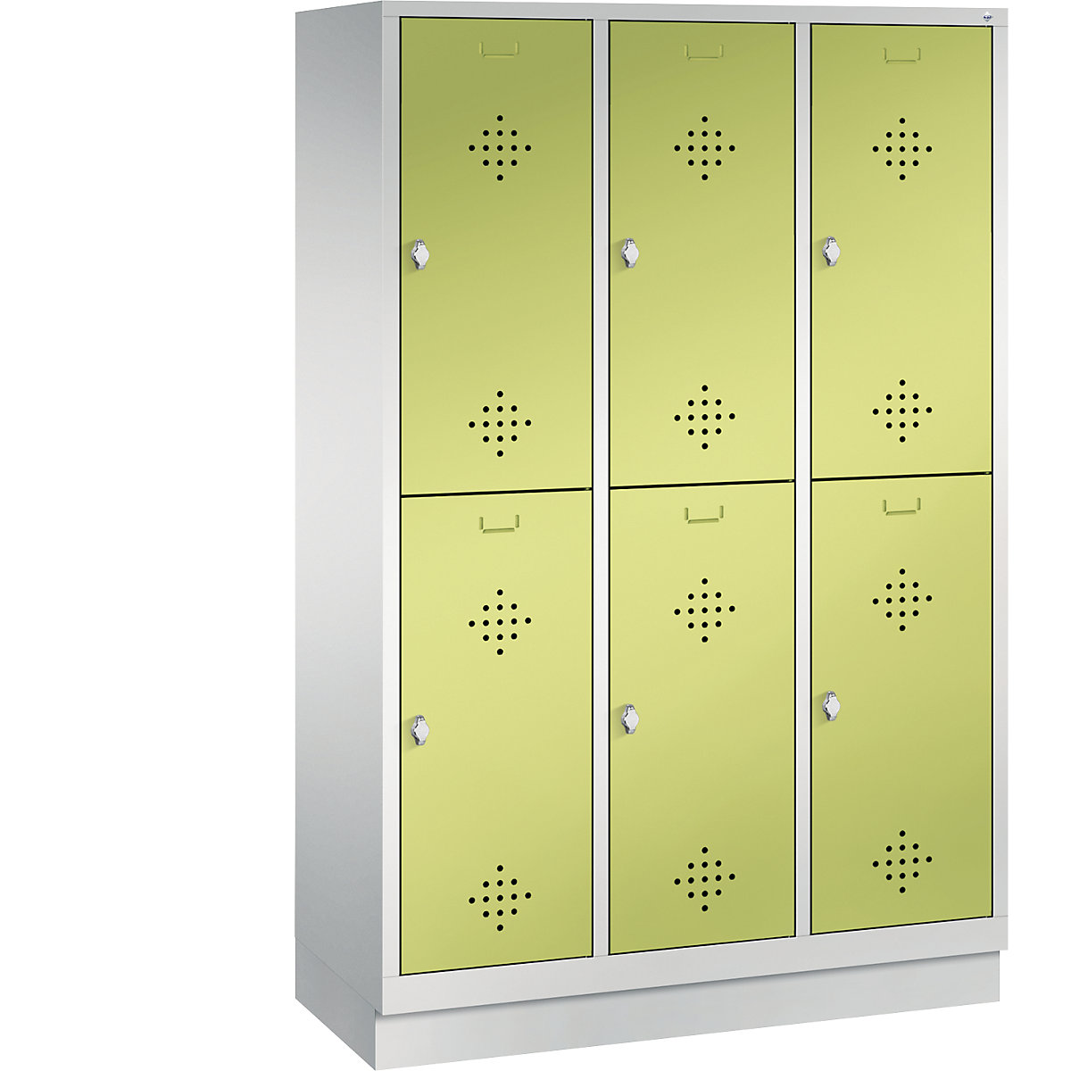 CLASSIC cloakroom locker with plinth, double tier – C+P, 3 compartments, 2 shelf compartments each, compartment width 400 mm, light grey / viridian green-13