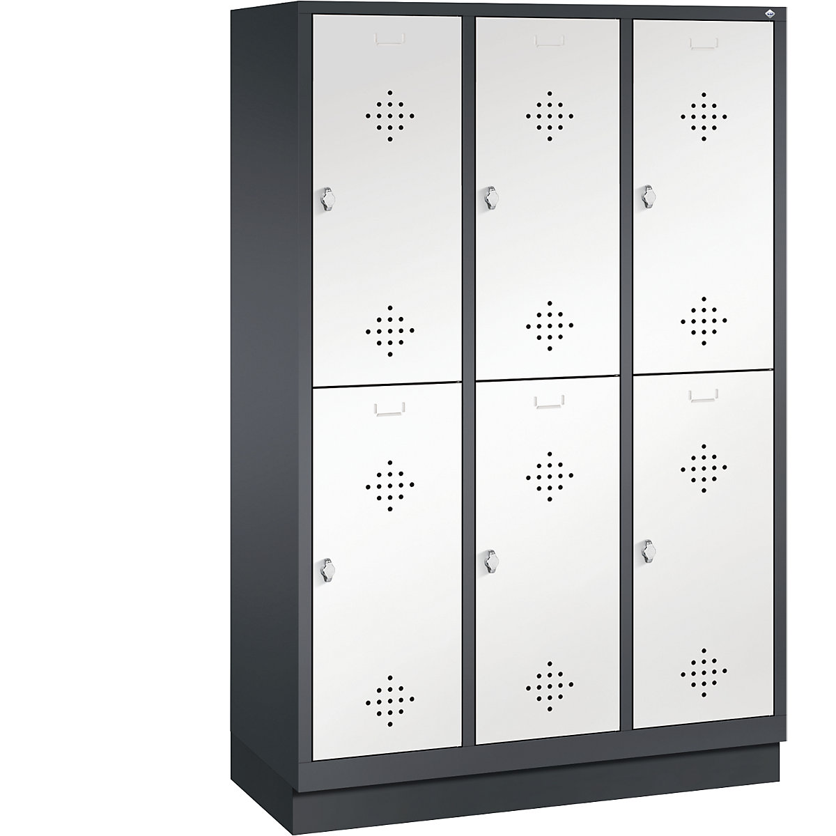 CLASSIC cloakroom locker with plinth, double tier – C+P, 3 compartments, 2 shelf compartments each, compartment width 400 mm, black grey / traffic white-9