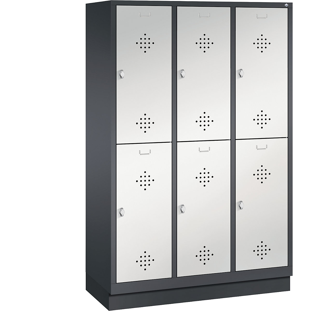 CLASSIC cloakroom locker with plinth, double tier – C+P, 3 compartments, 2 shelf compartments each, compartment width 400 mm, black grey / light grey-12