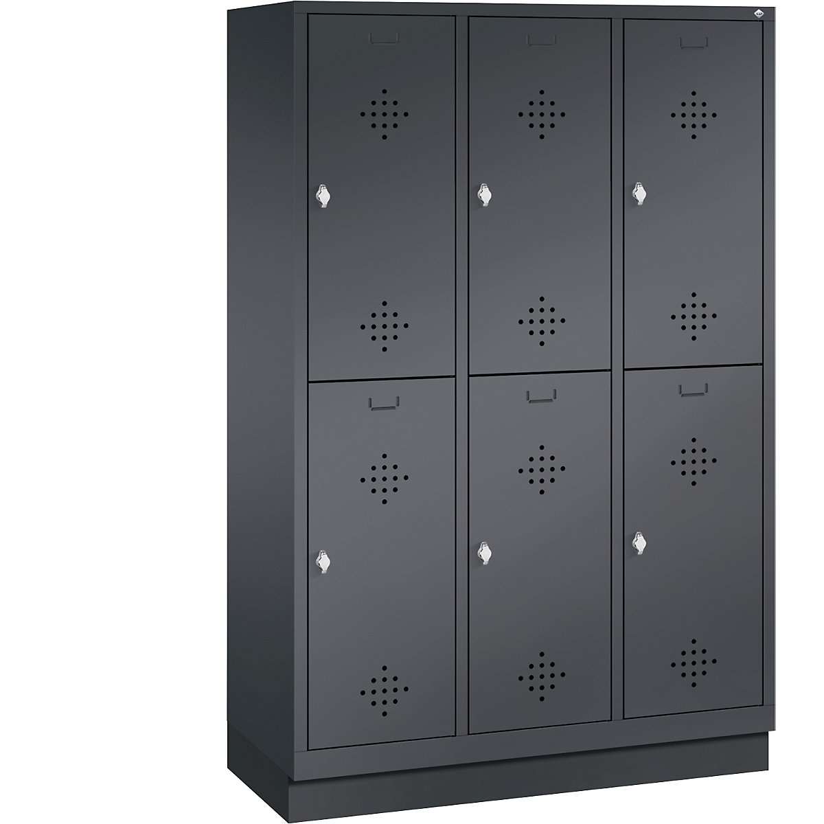 CLASSIC cloakroom locker with plinth, double tier – C+P, 3 compartments, 2 shelf compartments each, compartment width 400 mm, black grey-7