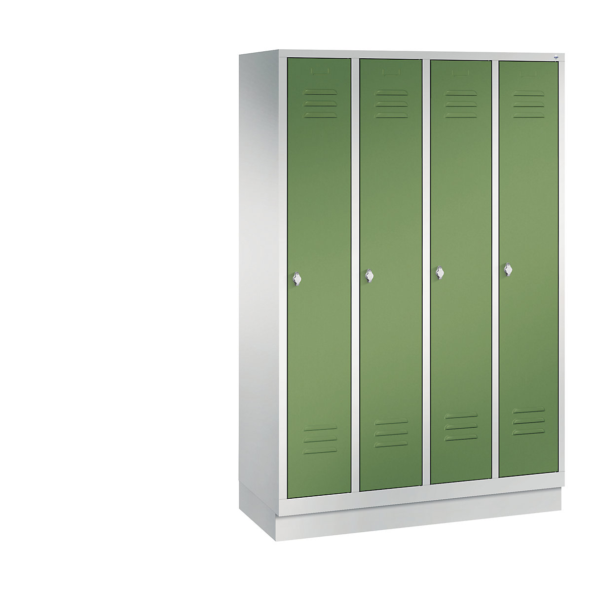 CLASSIC cloakroom locker with plinth – C+P, 4 compartments, compartment width 300 mm, light grey / reseda green-9